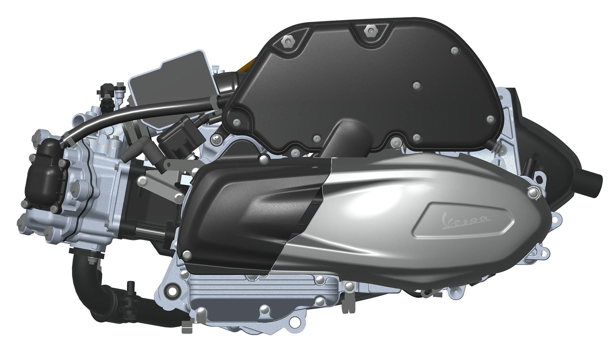 Aircraft designers would call this the “power-egg”: engine, transmission, and final drive all in one unitized structure. Note the laydown cylinder configuration.