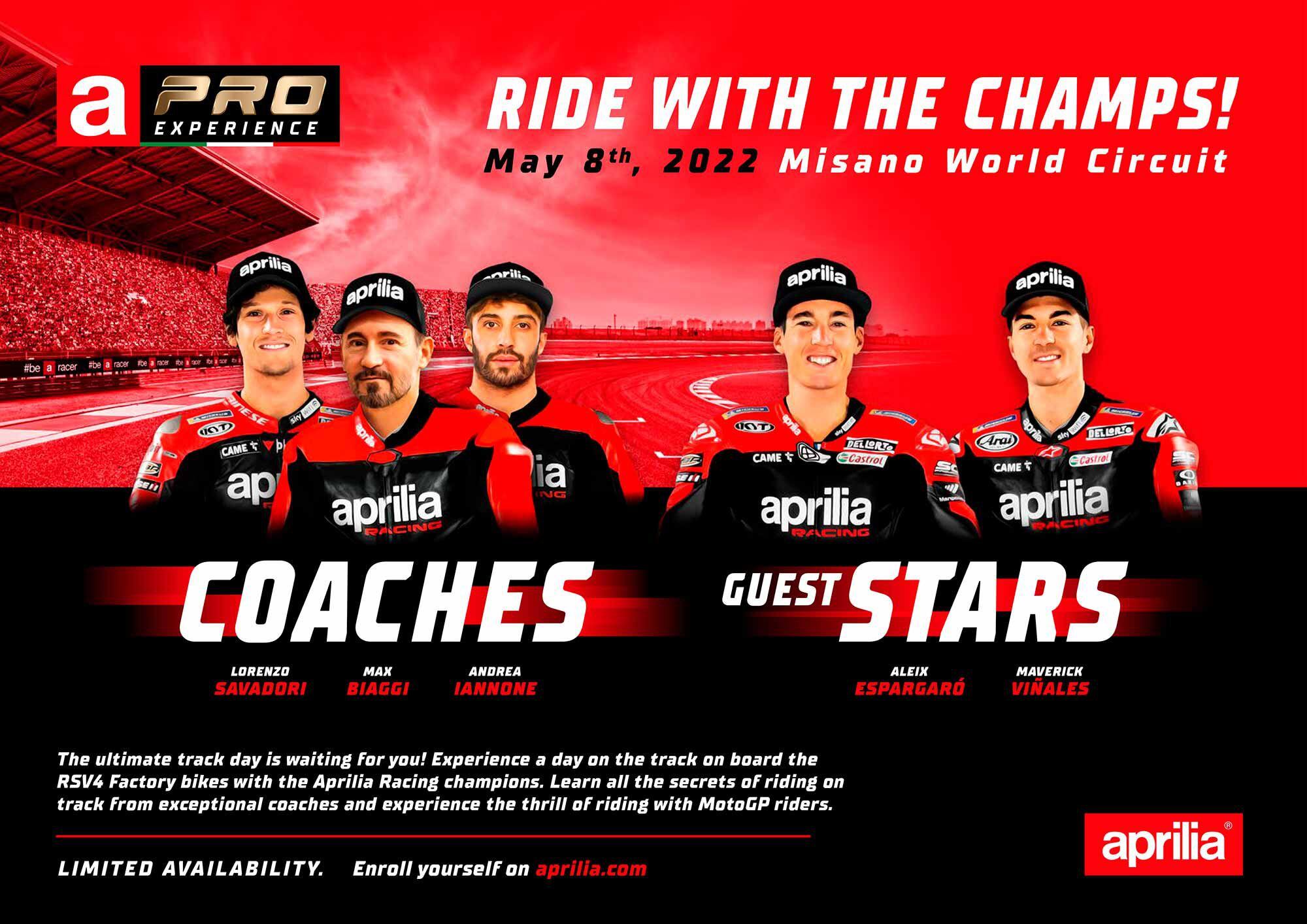 Here's the Aprilia Pro Experience lineup: coaches Lorenzo Savadori, Max Biaggi, and Andrea Iannone, with on-track riders Aleix Espargaró and Maverick Viñales.