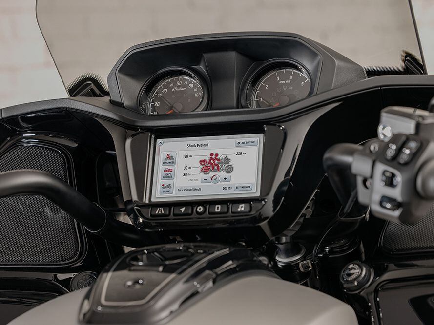 The electronic rear shock adjustment feature on the Premium Package can be accessed via the touchscreen.