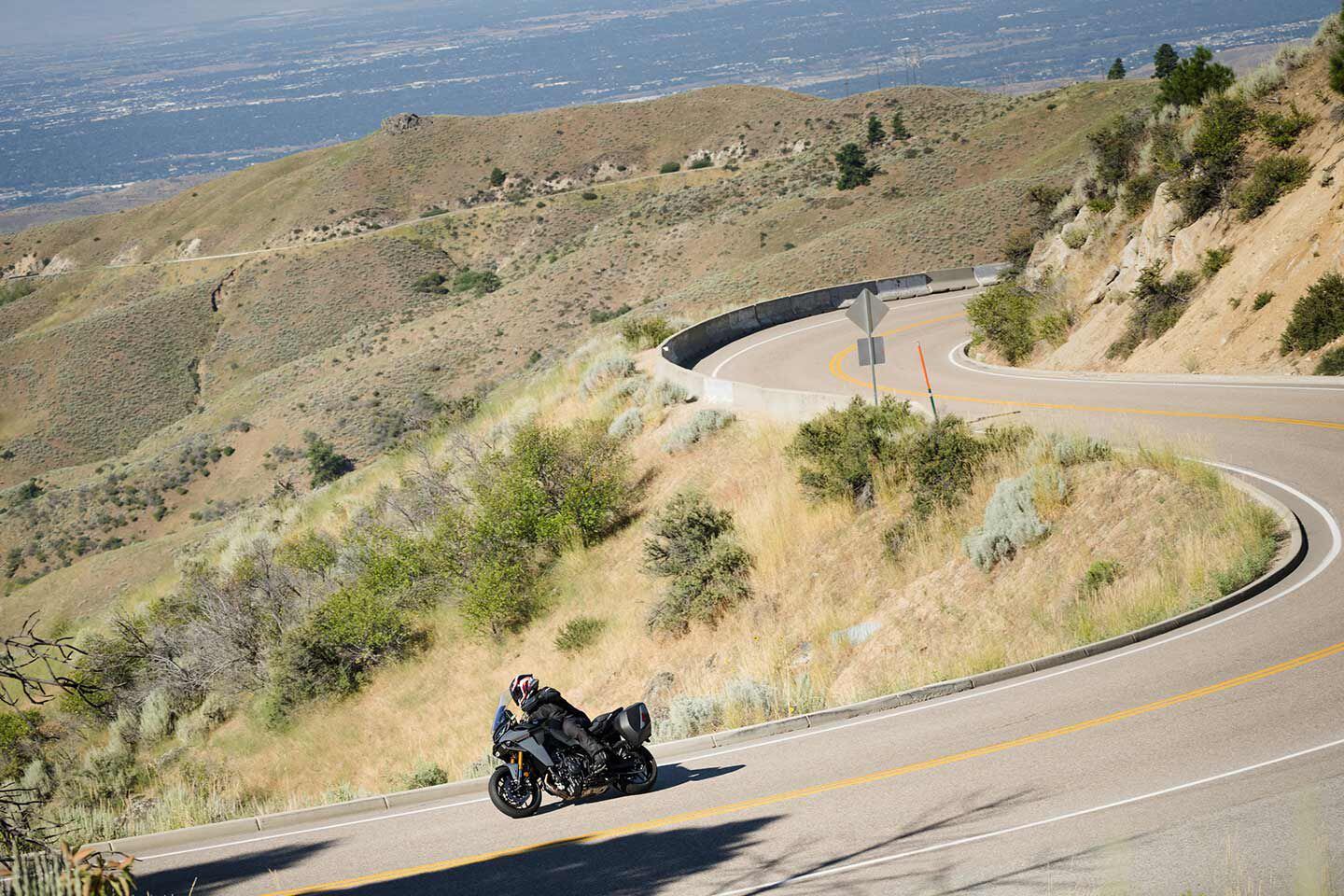 The Tracer 9 GT+ is in its element on a tight twisty road.