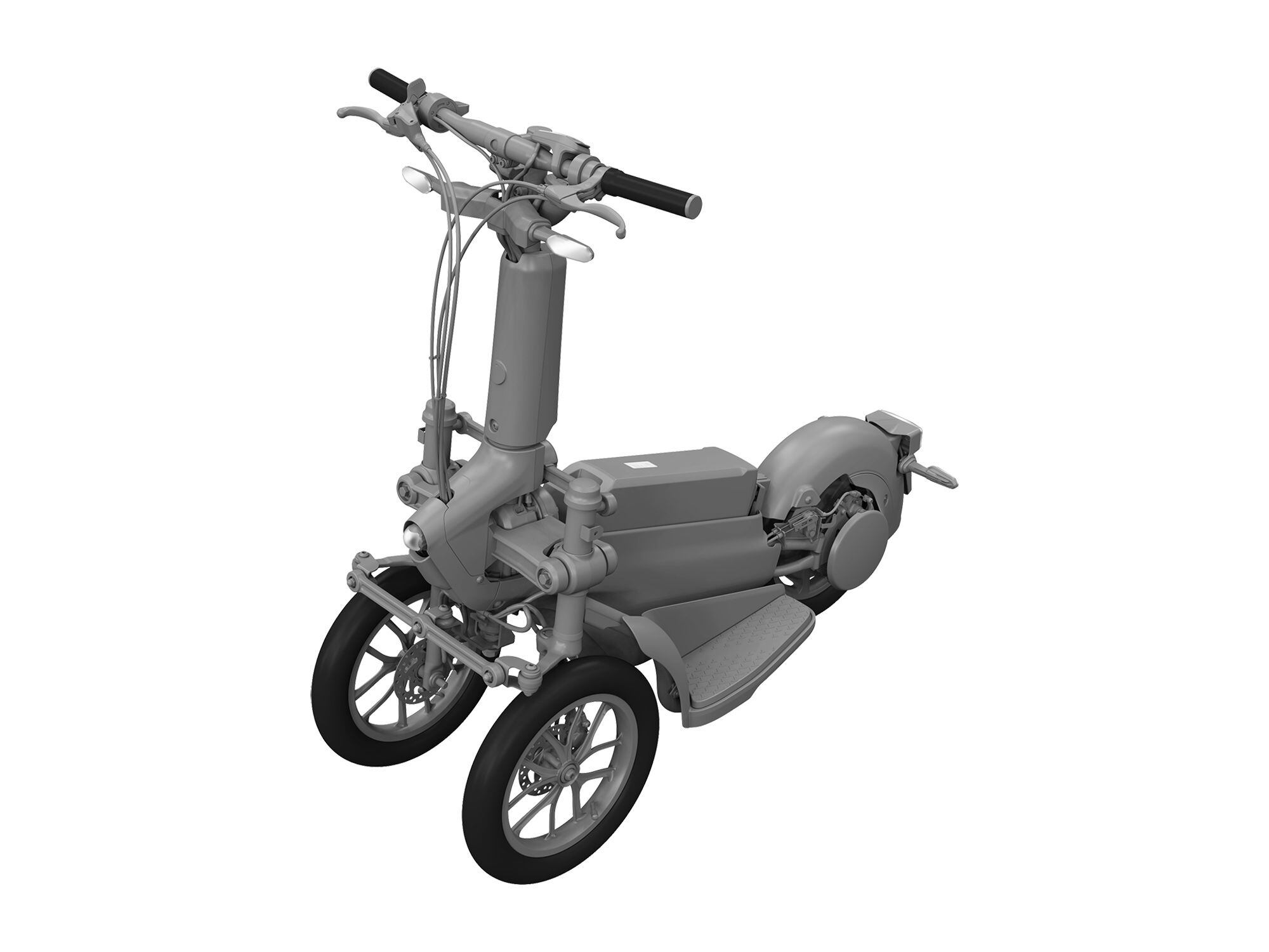 A more detailed look at the front end and its leaning front-suspension system.