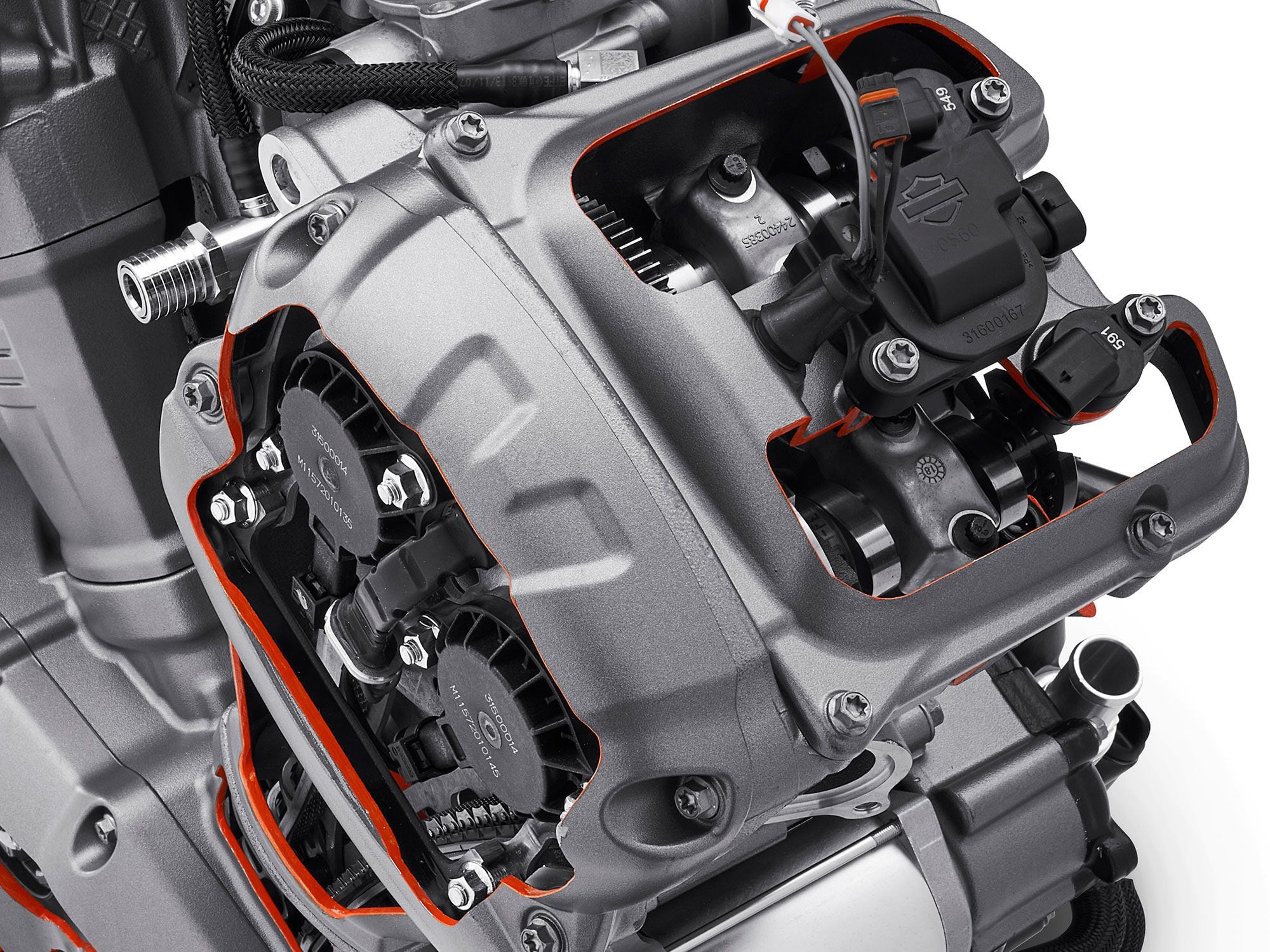 Hydraulic cam phasers actuated by solenoid plungers control the Pan America’s VVT cam timing.