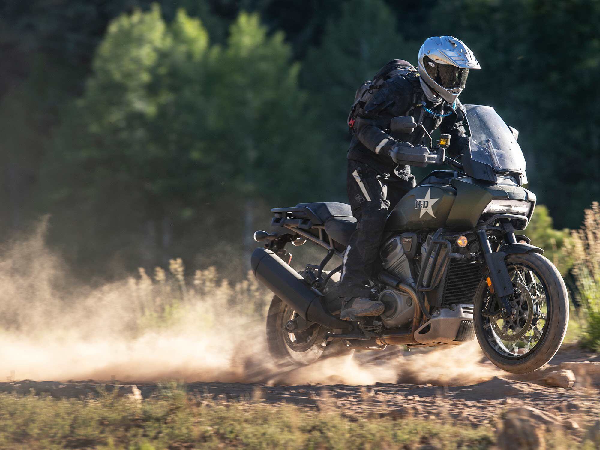 The Harley Pan America was at home in the dirt. The best ADV tires of the group helped provide confidence on roads that gave the other two bikes fits.