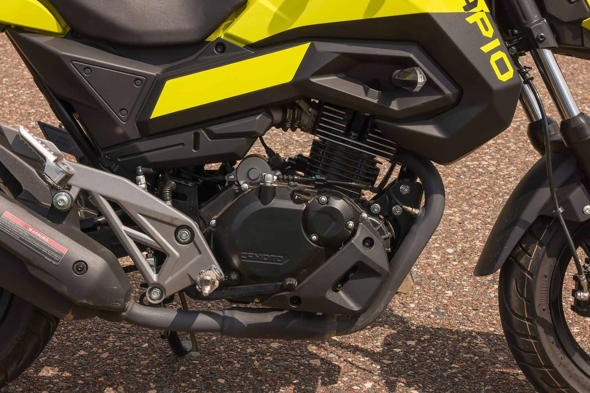 The Papio uses a 126cc air-cooled four-stroke engine with electronic fuel injection. The engine is claimed to produce 9 hp and 6.1 lb.-ft. of torque.