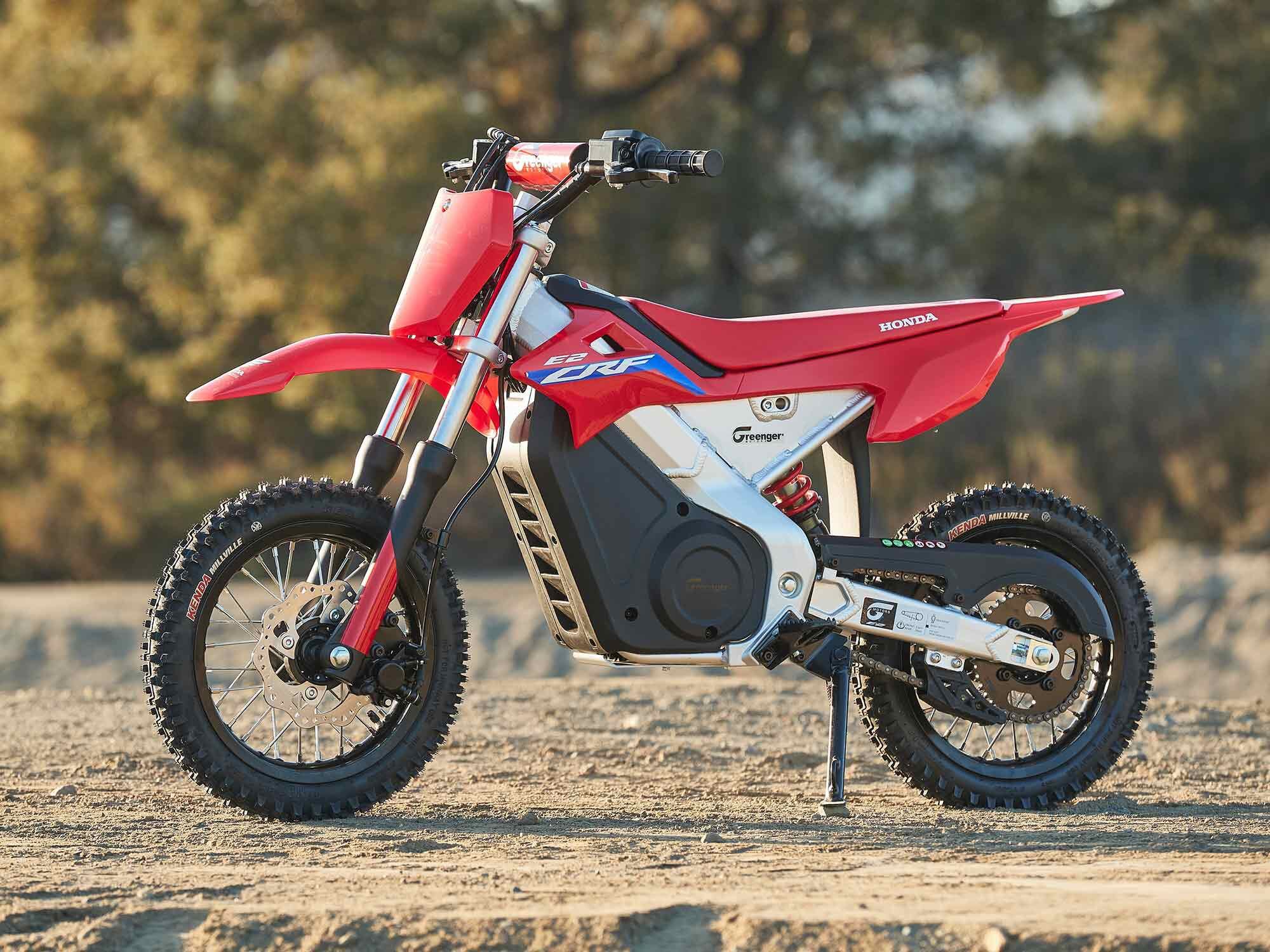 The half-pint take on Honda’s bigger CRF models features 12-inch wire wheels shod with Kenda Millville knobbies.