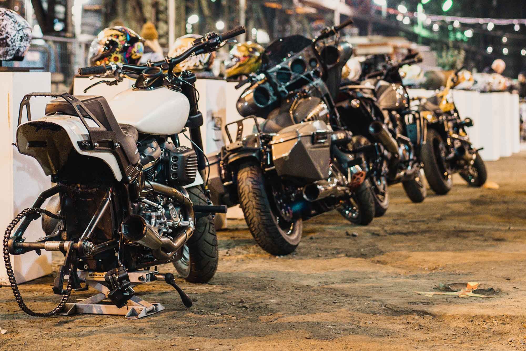 Bikes from the Icon stunt show waiting in the stables until their next performance.