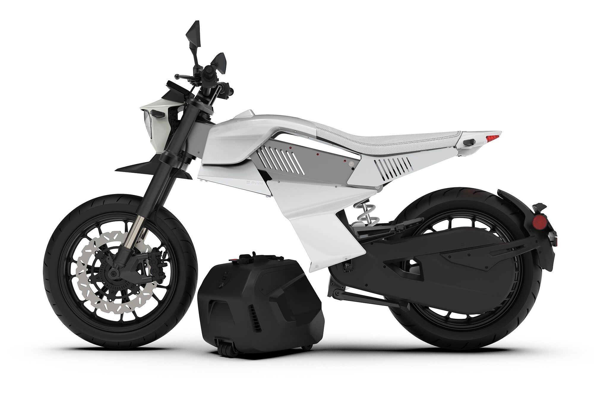The Ryvid’s removable 4.3 kWh battery pack. Note the clever rollaboard wheels.