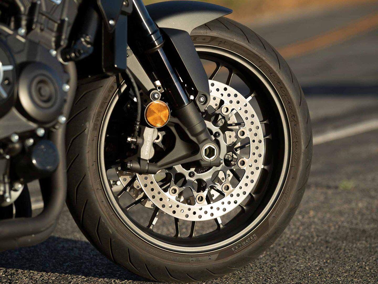 Intricately designed seven-spoke cast aluminum wheels accentuate the rest of the CB1000R’s sleek design. Stopping power from the front brake is impressive, and the ABS works well without being distracting.