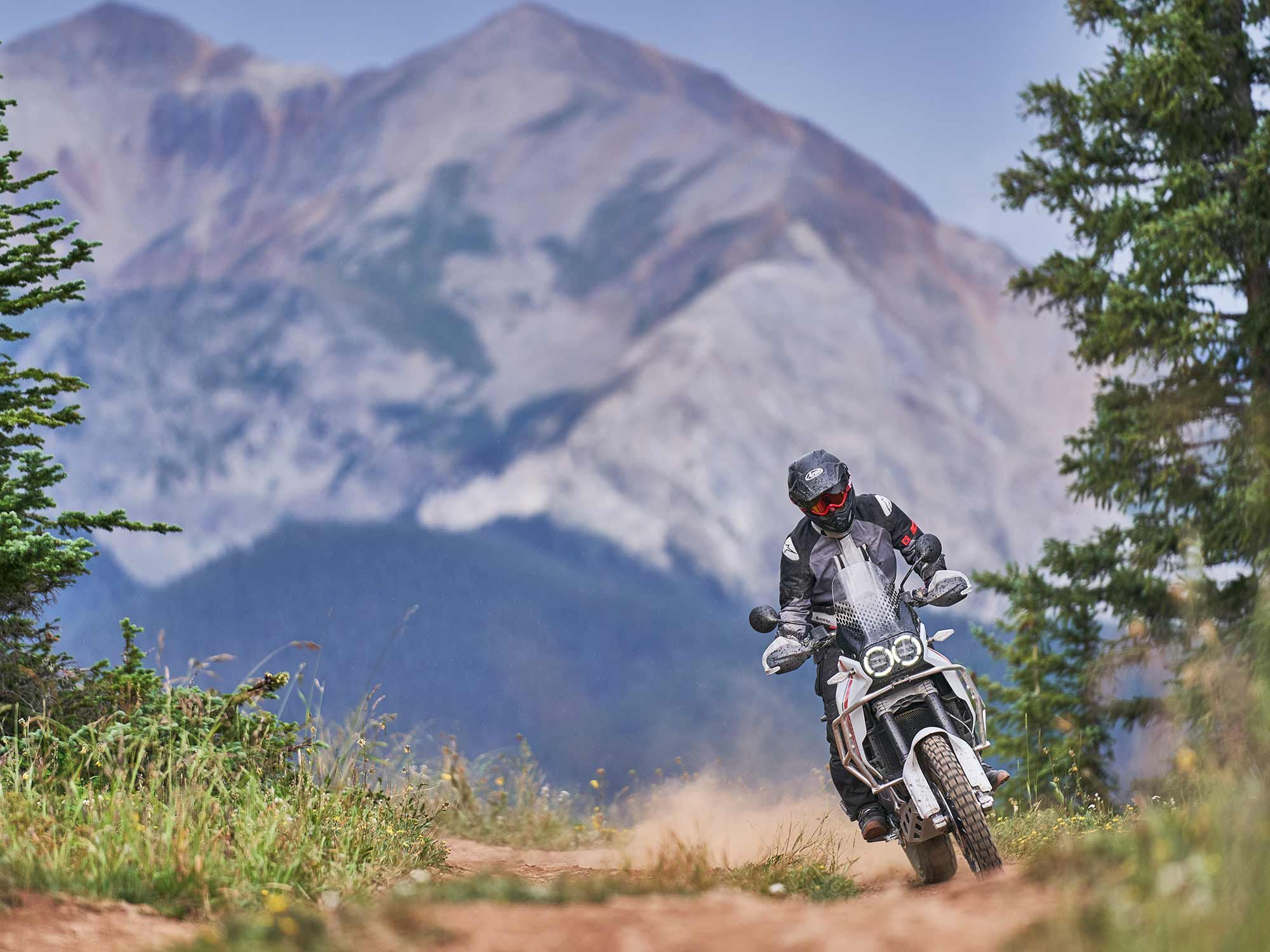 The DesertX’s riding position was optimized for riding in the standing position, but is equally comfortable sitting.