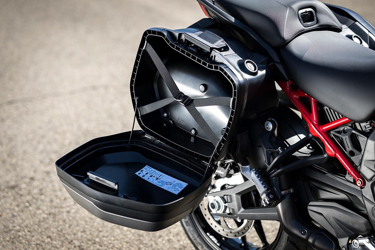 Capacity for the two plastic side cases on the Multistrada V4 S Grand Tour is a combined 60 liters.