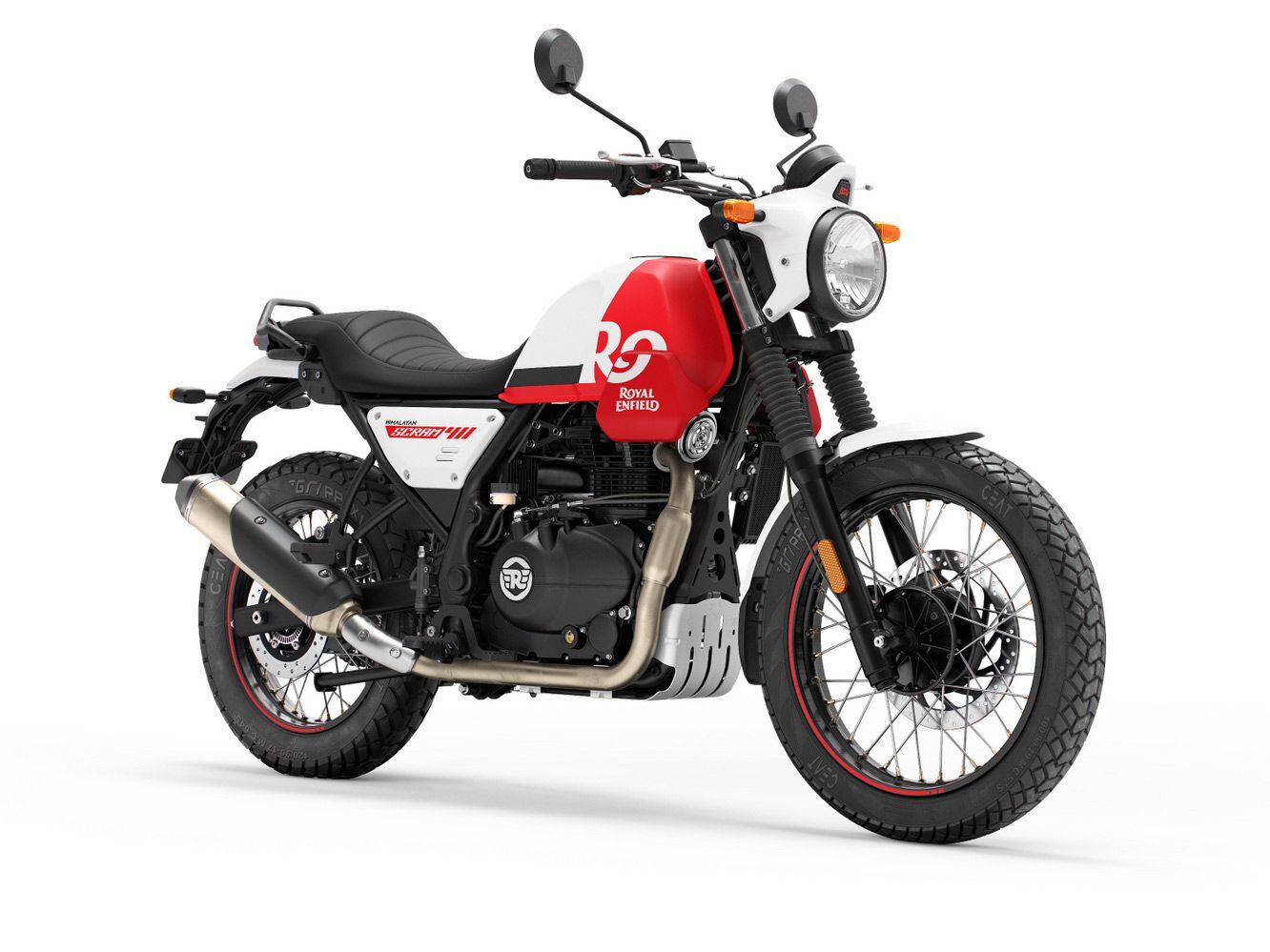 The brake system carries over from the Himalayan as well, but a new nose cowl and repositioned light give the Scram a distinct appearance.