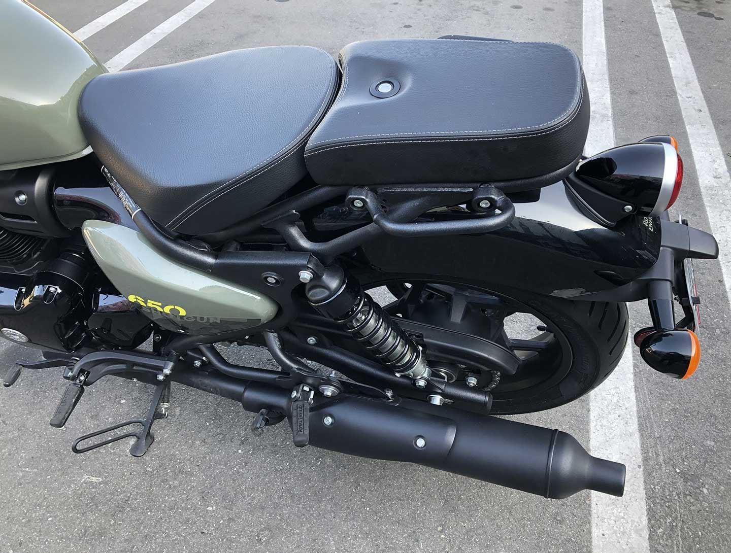 The Shotgun 650 boasts a removable rear subframe that can hold a rear seat or other accessories (a rack comes with), giving riders a superconvenient feature. You can remove the subframe entirely by undoing the four bolts.