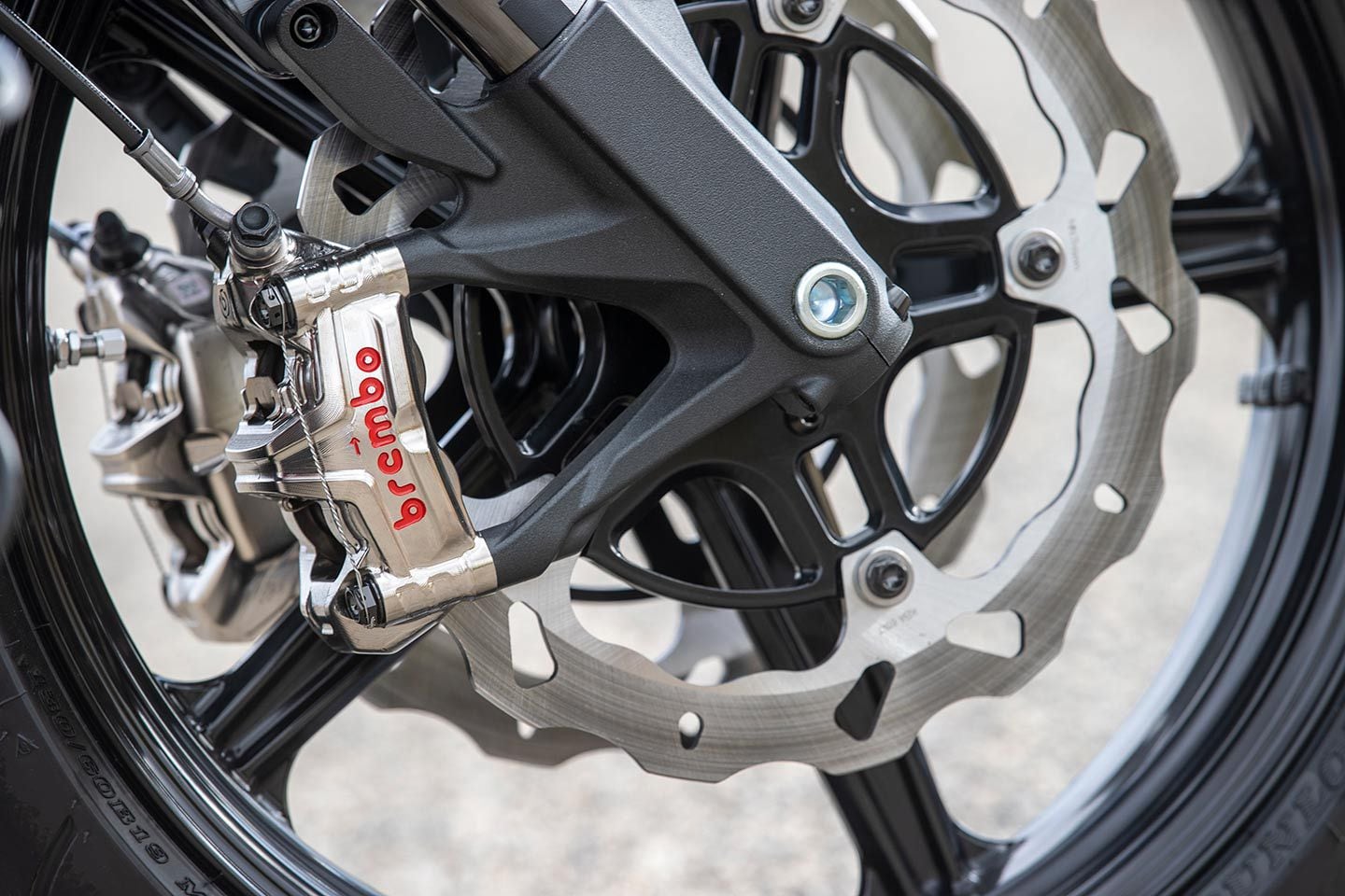 Brembo Monoblock calipers matched to Galfer rotors and a Beringer master cylinder stop the custom Sport Chief with excellent power and feedback.