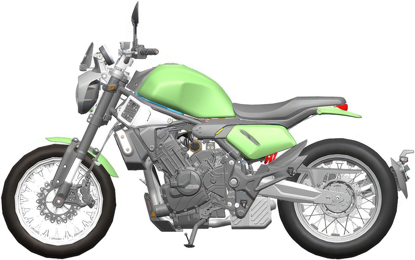 The RE650 uses a steel trellis frame and aluminum swingarm with KYB suspension at each end.