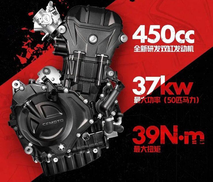 Specs for the completely new compact 449cc parallel-twin engine reveal 50 hp and 29 pound-feet of torque, along with a 270-degree firing angle.