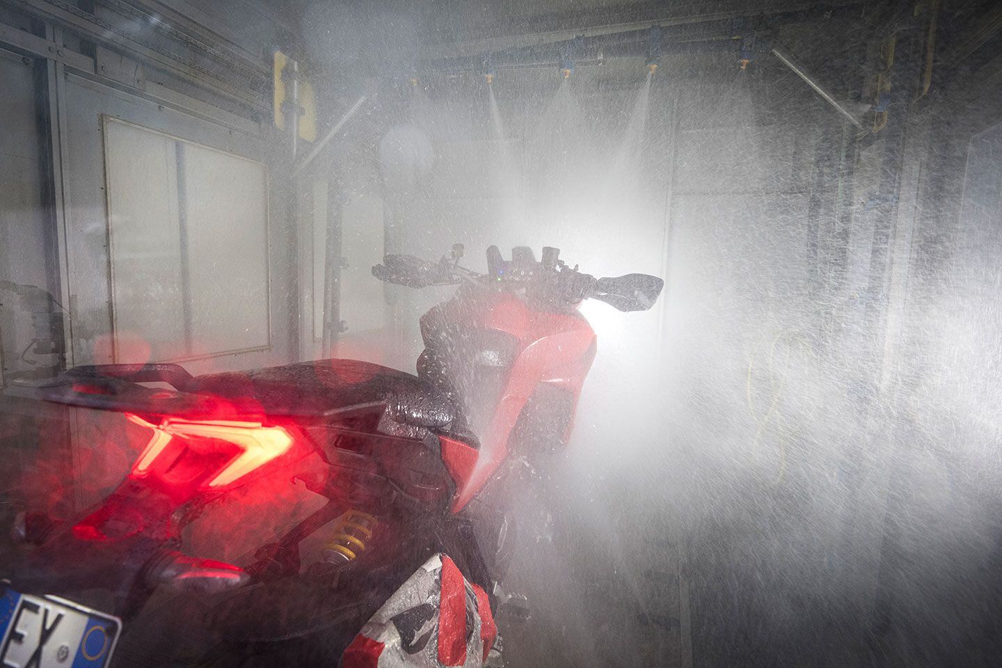 Ducati conducts environmental tests of its electronic components. Here, a Multistrada V2 takes a shower.