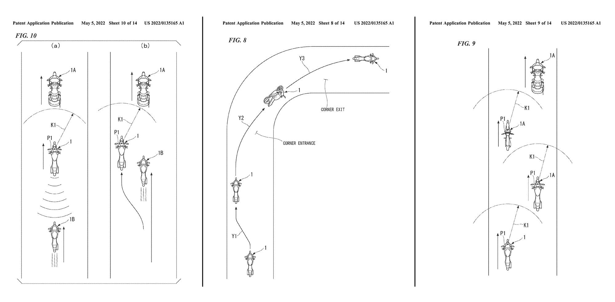 Fig. 10 shows how motorcycle P1 gets out of the way of a faster vehicle approaching from the rear (in Japan they ride on the left). Fig. 8 shows how the bike would take a curve autonomously. Fig. 9 shows how the system would automatically stagger the bike in the lane to allow for more stopping distance.