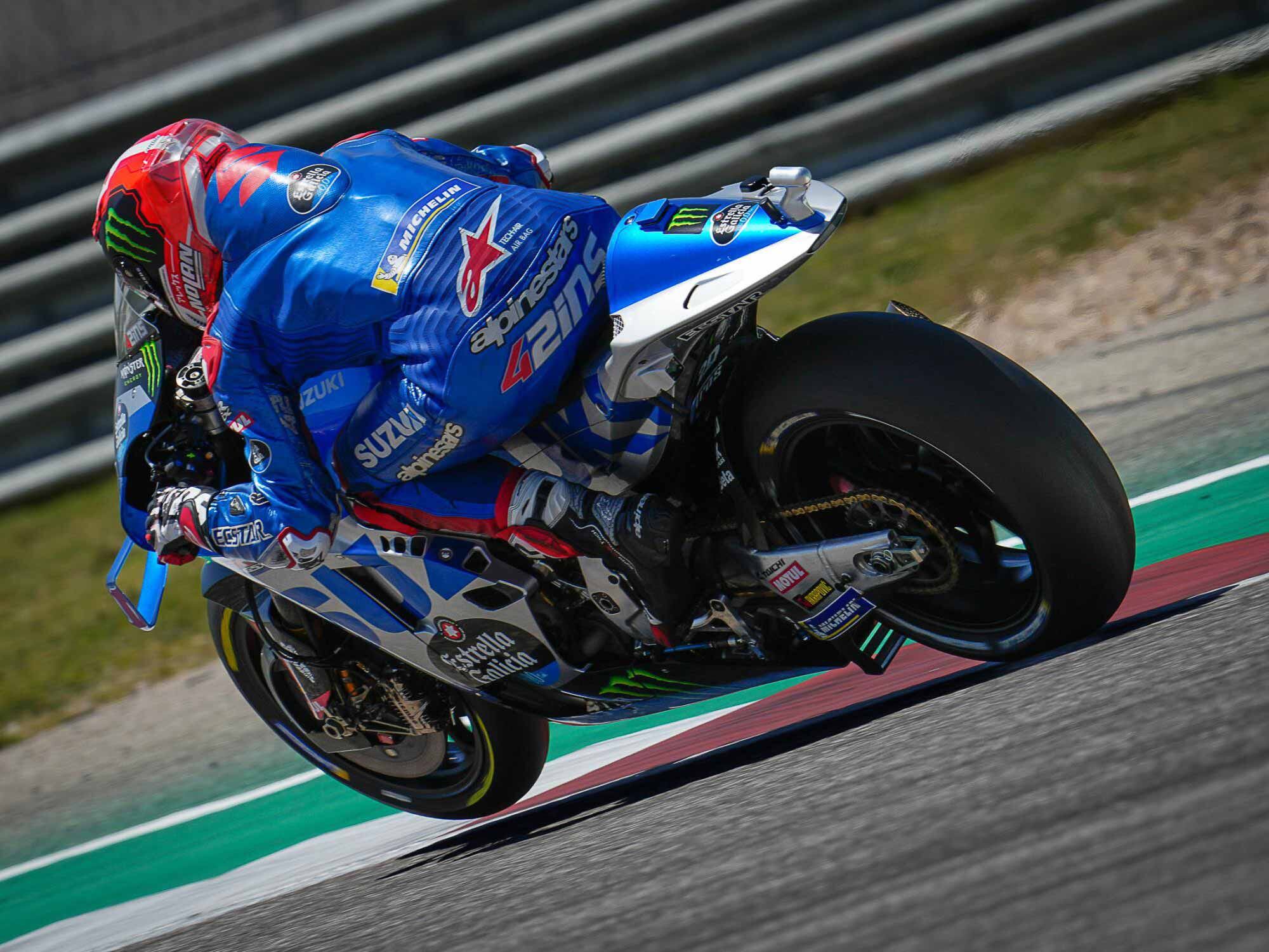 Álex Rins is one of two Suzuki riders to push aside the Ducatis and finish up front. At the end, Rins (second overall) is overtaking Jack Miller only a few laps before the checkers.