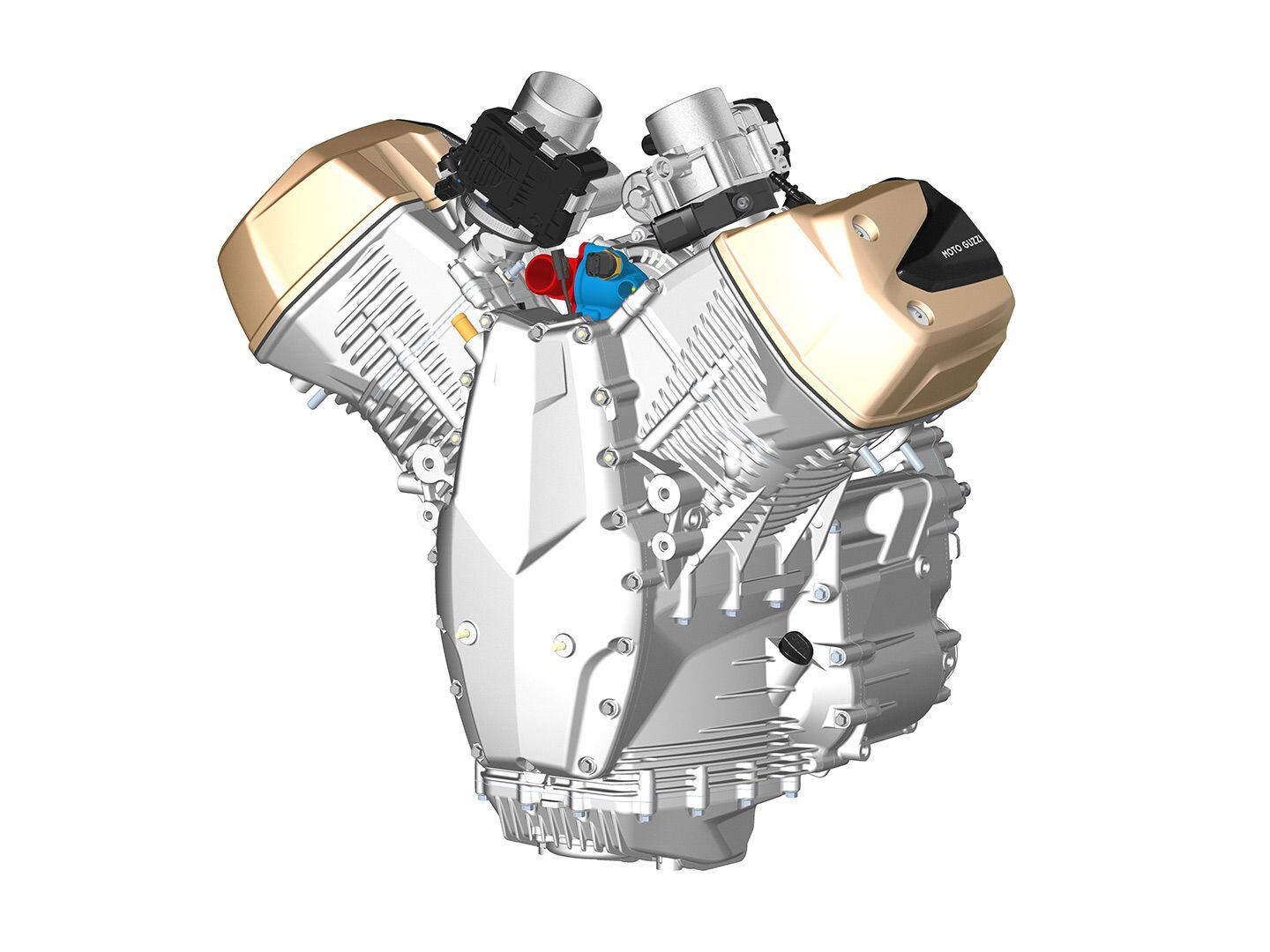 Another view of the 52mm throttle bodies nestled into the V100’s Vee.