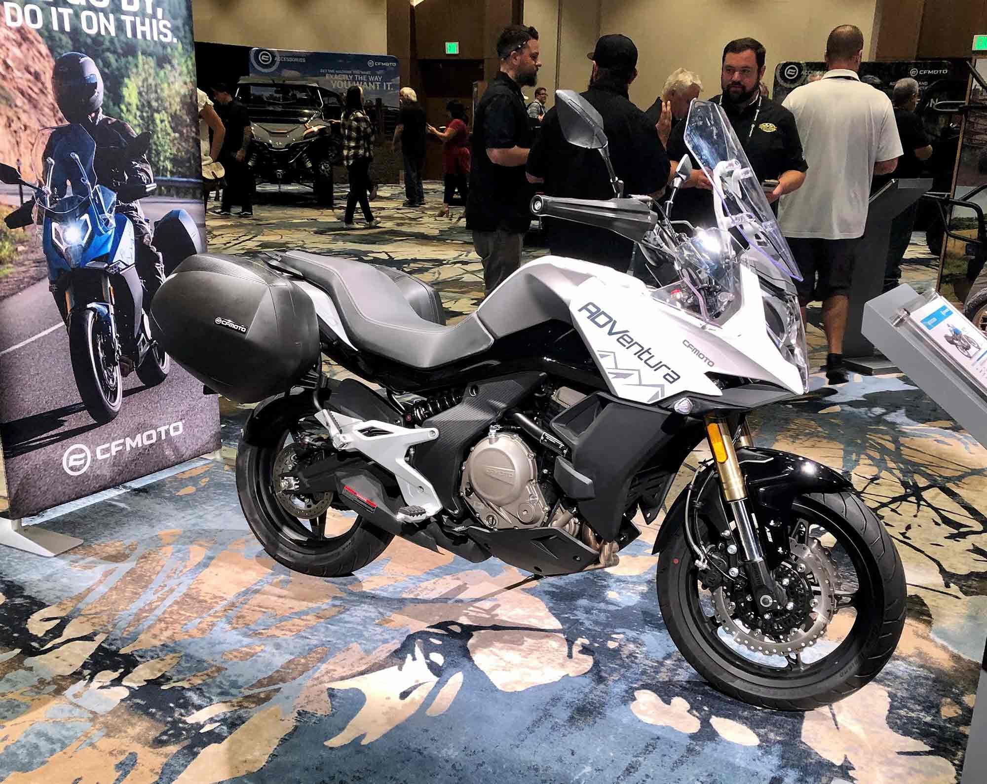 The 17-inch alloy wheels signal the 650 Adventura on-road touring intent. The $6,799 model comes standard with cruise control, ABS, and side cases.