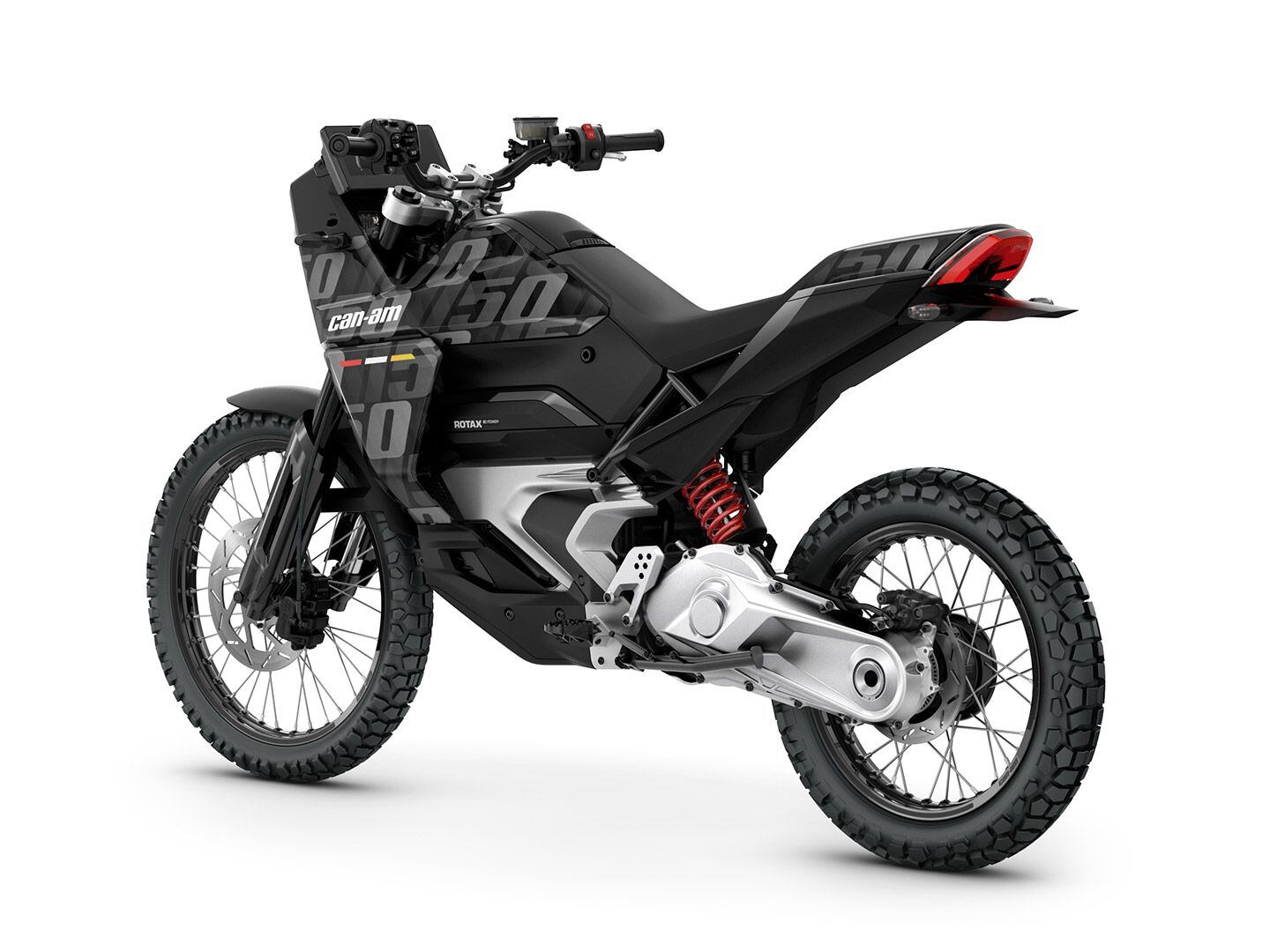 Can-Am Origin rear three-quarter view shows the unique swingarm-mounted motor.