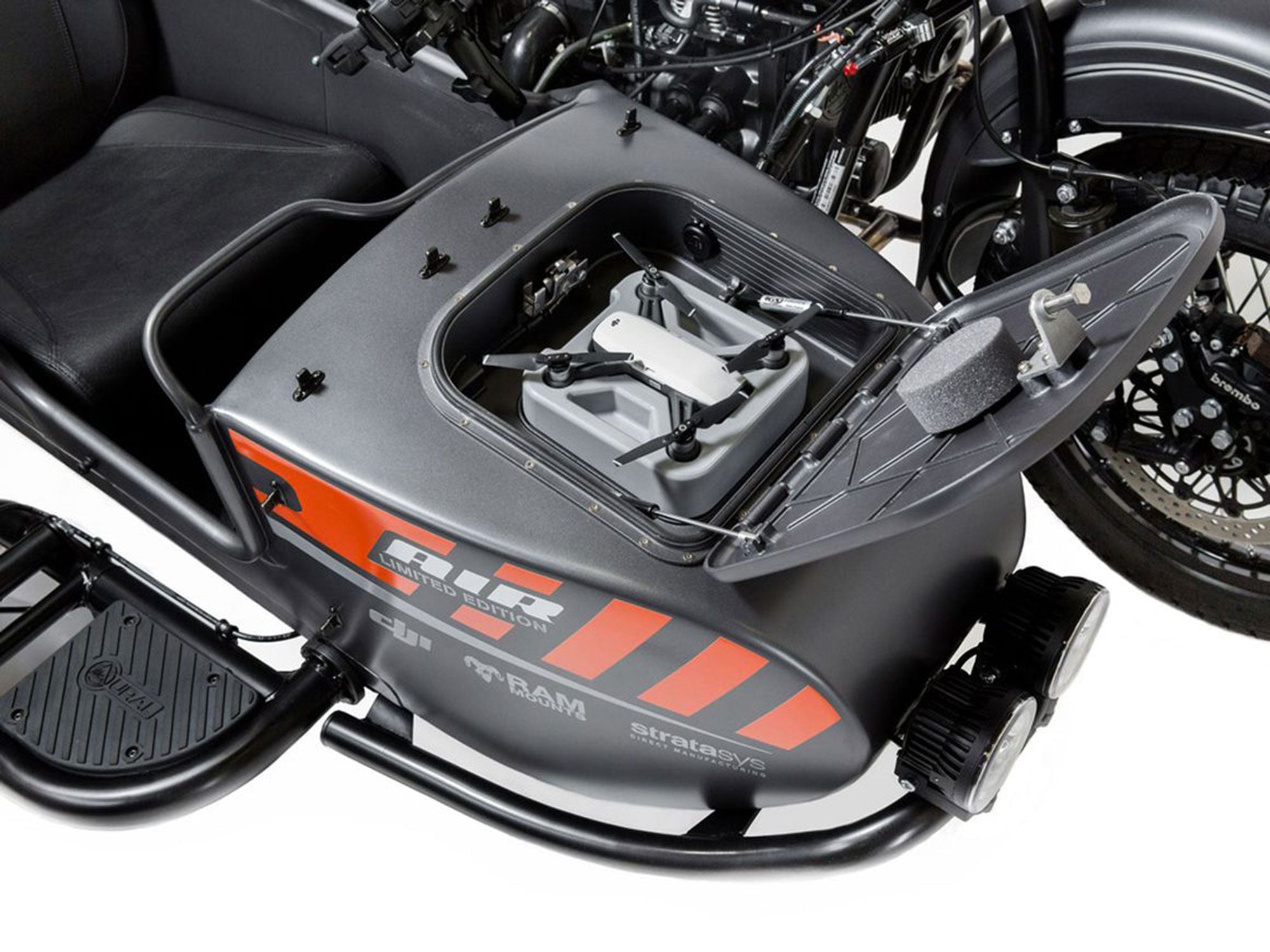 Honda isn’t the first manufacturer to toy with a moto-mounted drone—the limited-edition Ural Air LE sidecar featured DJI’s Spark unit in 2018.