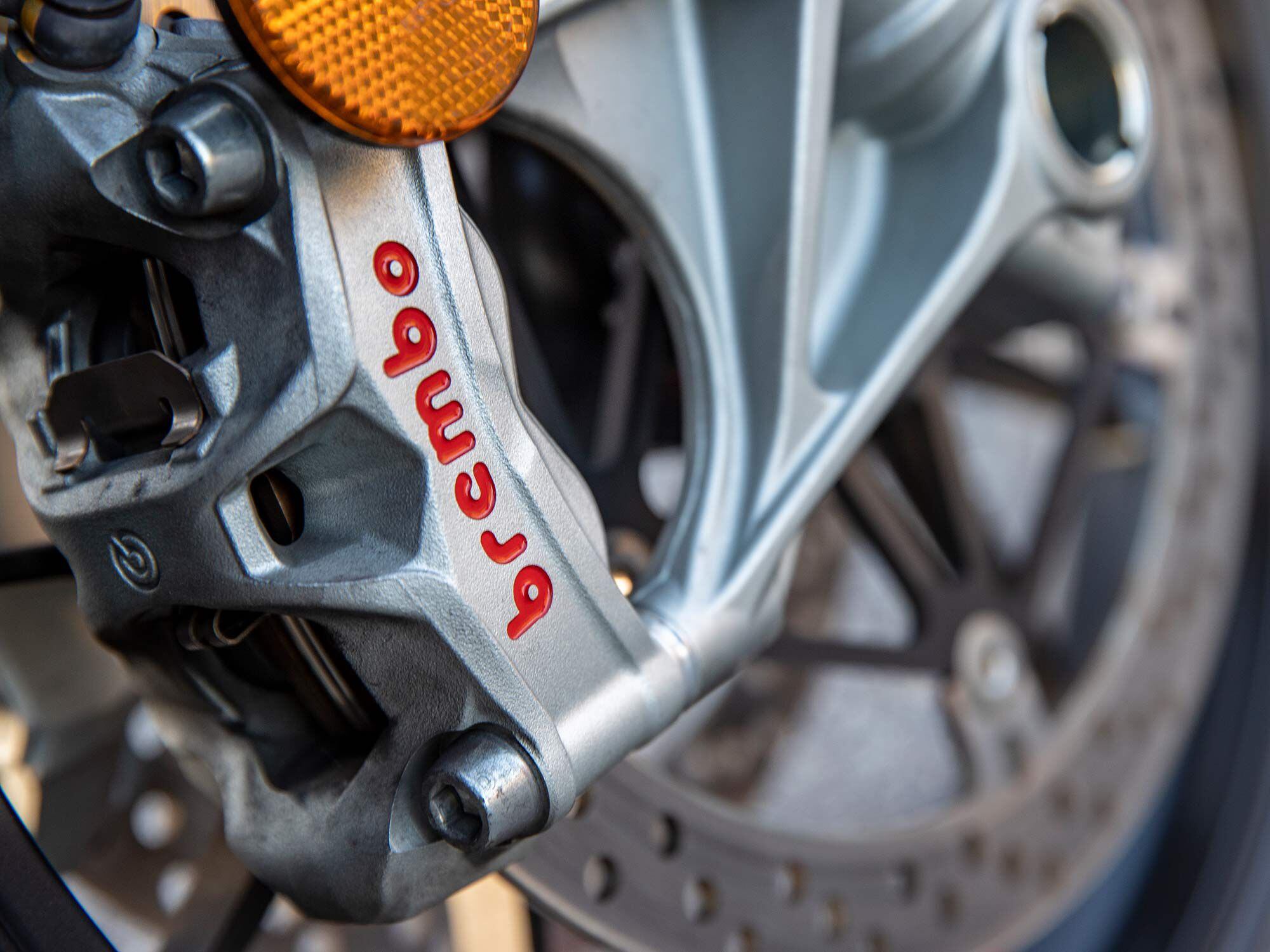 Nothing less than superbike-spec Brembo Stylema Monoblock calipers clamping to 330mm discs bring the Pikes Peak to a halt.