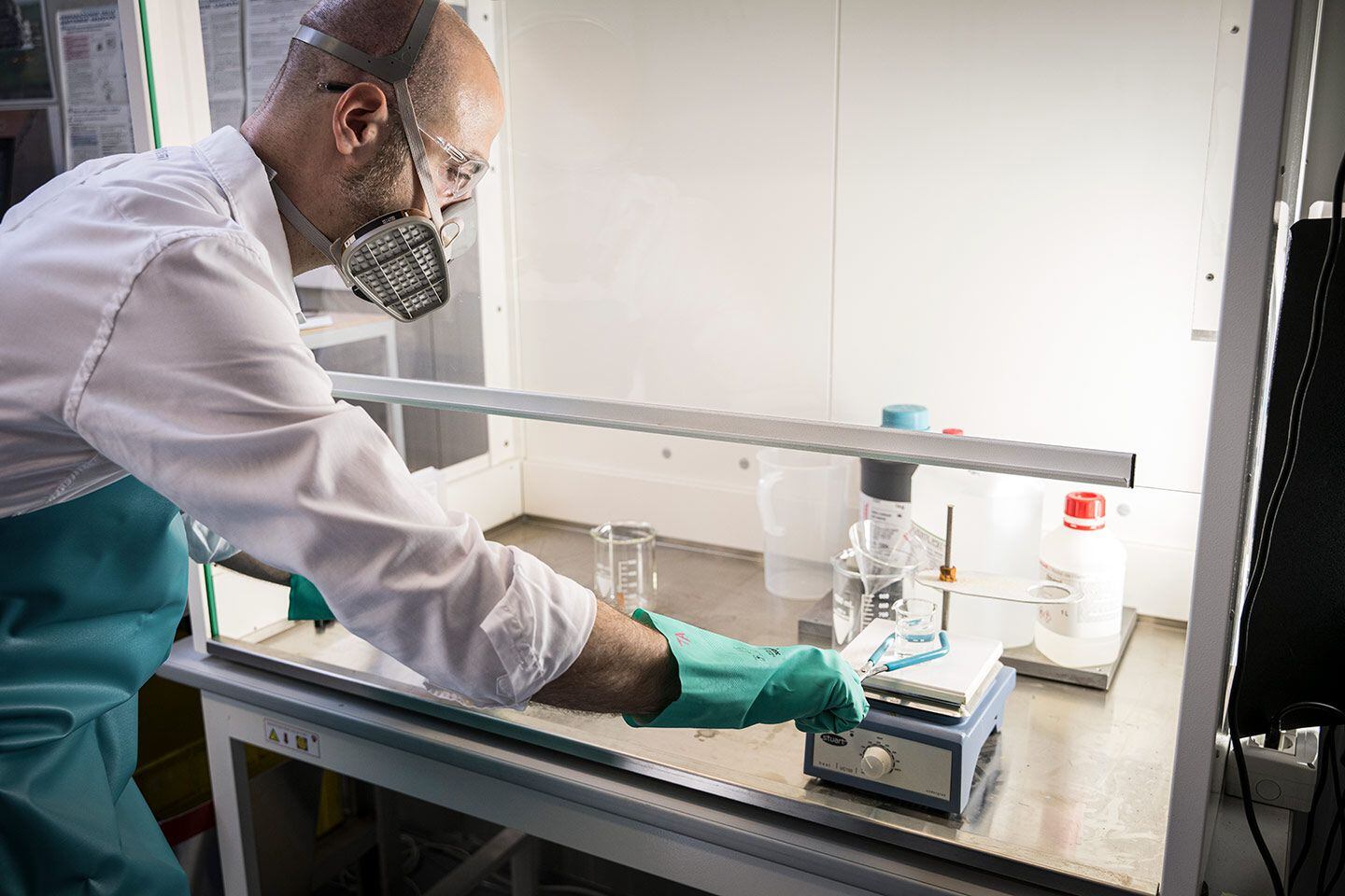 A Ducati engineer uses sulfuric acid to melt away the case of a tiny silicon chip. When the chip is exposed, it’s examined beneath a microscope to make sure it’s the identical spec used during the development of a component. Even a microscopic variation in a chip could have massive repercussions on a component’s functionality.