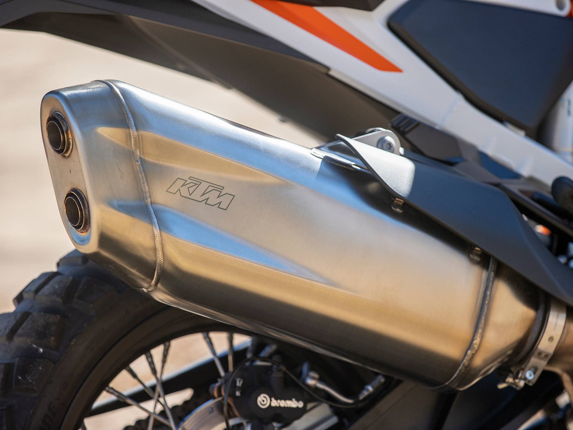 A new stainless steel muffler caps off a completely revised exhaust system on the 1290 Super Adventure R.