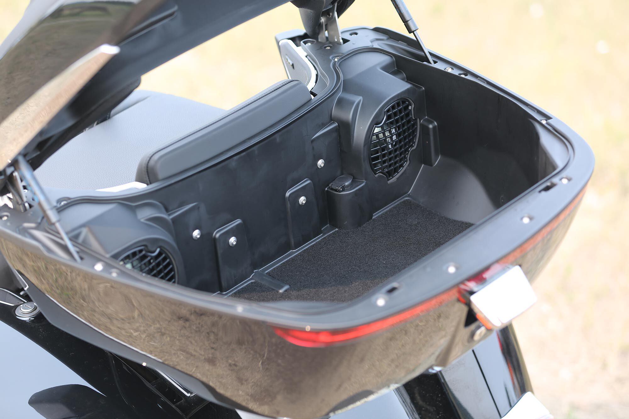 Inside the 2022 BMW R 18 Transcontinental’s top case storage compartment.