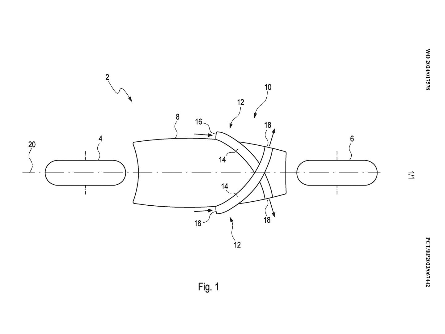 A patent illustration of the underside of a faired motorcycle, like the M 1000 RR, that shows how the air ducts cross over intaking air on the side closer to the road surface and exhausting it on the higher side to help push the bike down into the road.
