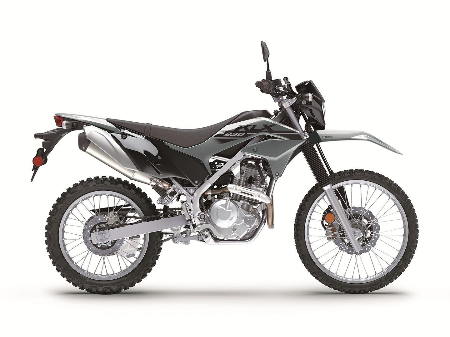 The KLX230 is the smallest-displacement model in Kawasaki’s dual sport lineup, which also includes the KLX300. A KLX230 S is available with lower seat height.