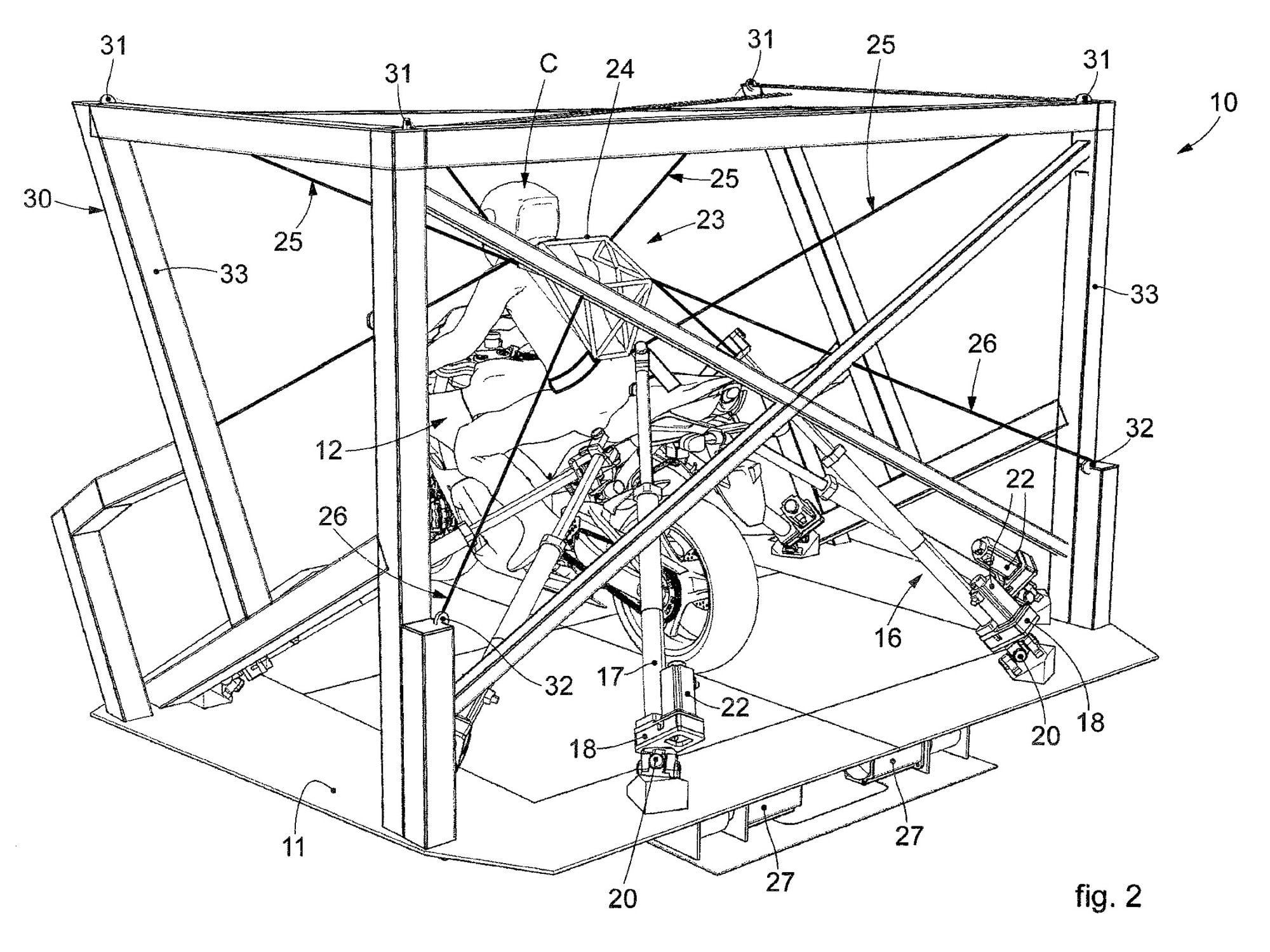Actuator-operated cords attached to the frame mimic the pulling and pushing action of braking and acceleration forces to give a more real-world experience.