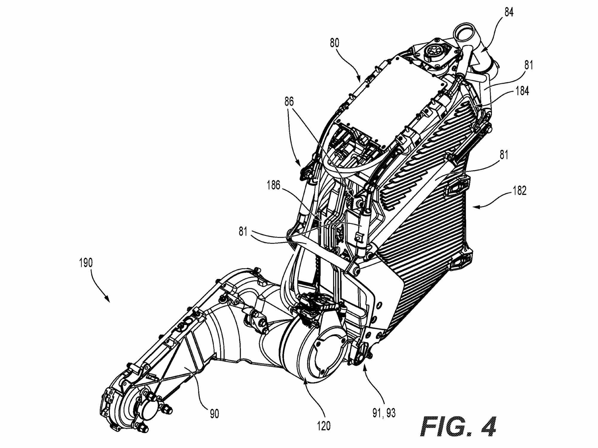 Shown here from the rear, the swingarm holds an electric motor at its front where it connects to the frame unit. A chain sits under the bolted-on cover (which reduces noise).