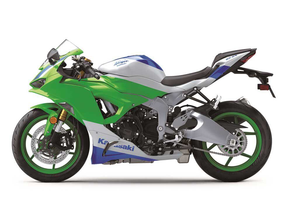 The 2024 Kawasaki Ninja ZX-6R 40th Anniversary Edition ABS with the special three-color livery and gold fork tubes; MSRP is $12,649. All the anniversary bikes also receive a unique Kawasaki logo on the fairing.