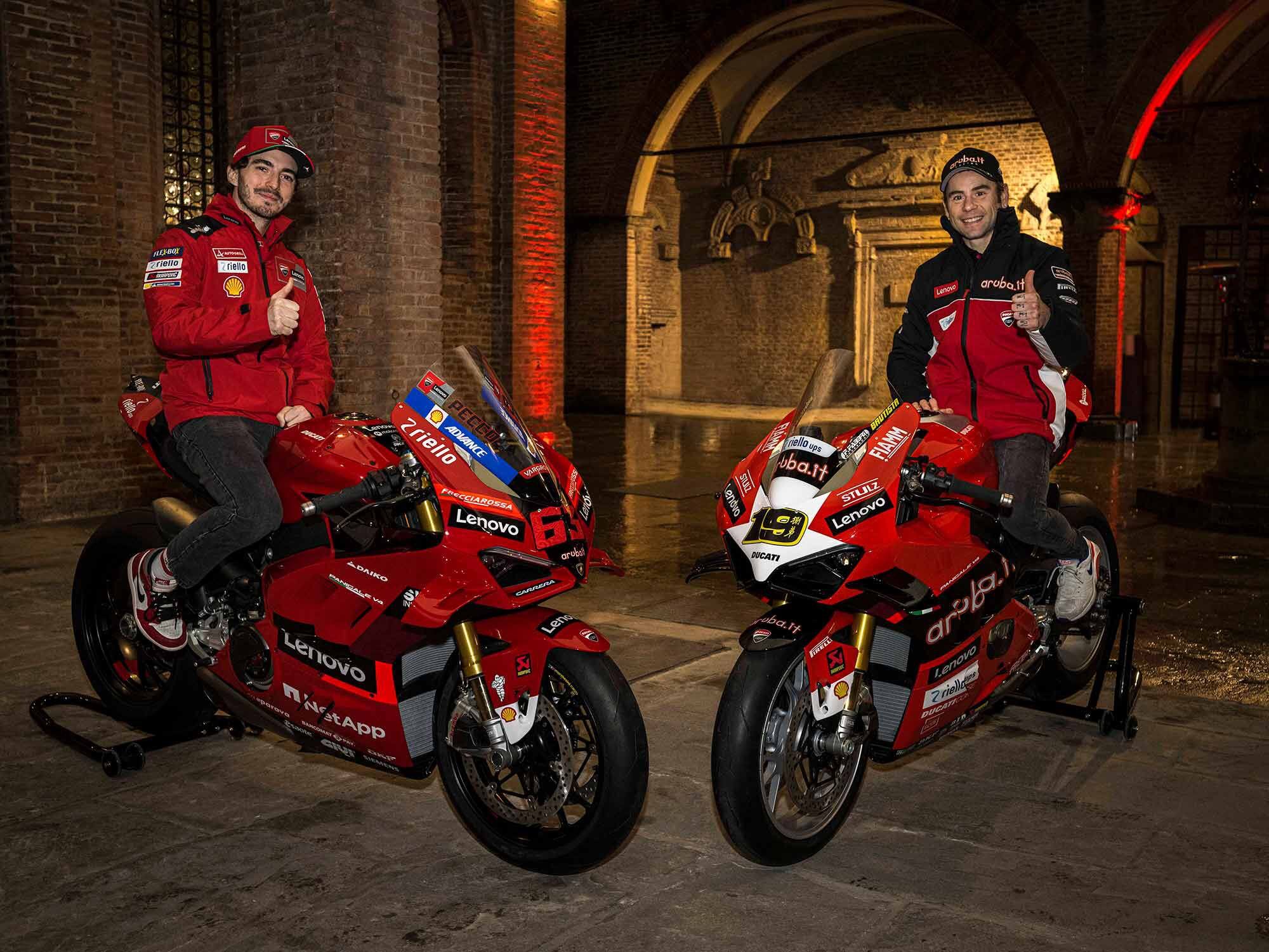 MotoGP world champion Pecco Bagnaia and World Superbike champion Alvaro Bautista celebrate their accomplishments aboard their limited-run Panigale V4 models.