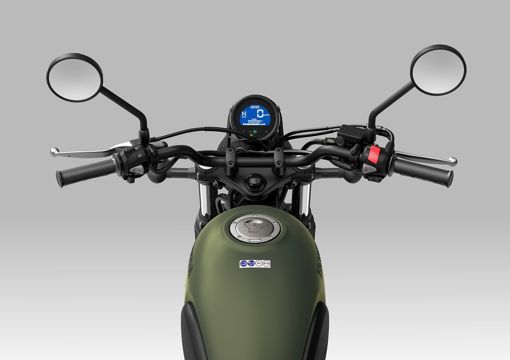 A rider’s eye view of the cockpit and the simple LED instrument cluster.