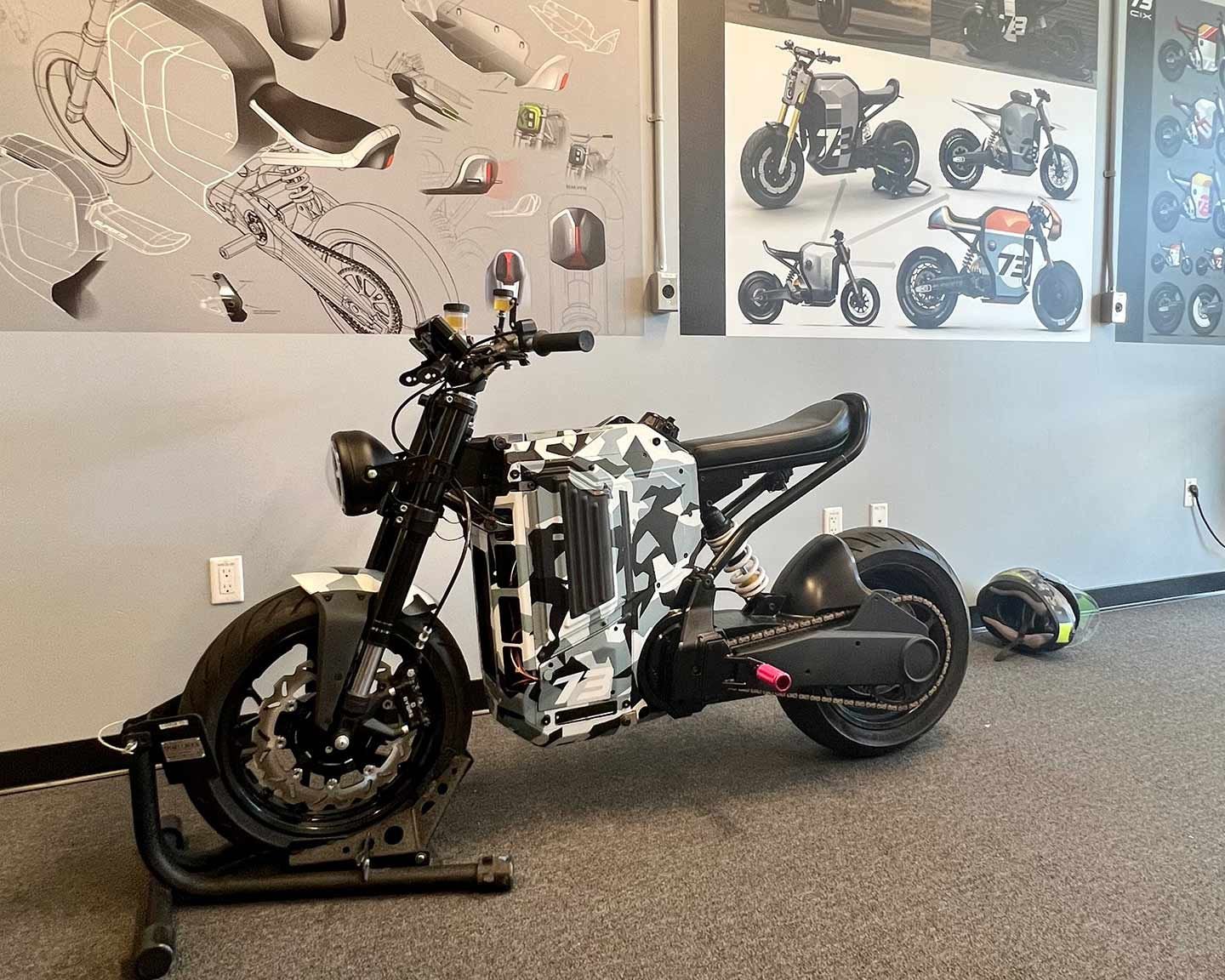 A Super73 engineering mule hints at what the end product will look like, but is just that: a test mule. Notice the various model concepts on the wall. Super73 says the C1X platform will spawn multiple models.