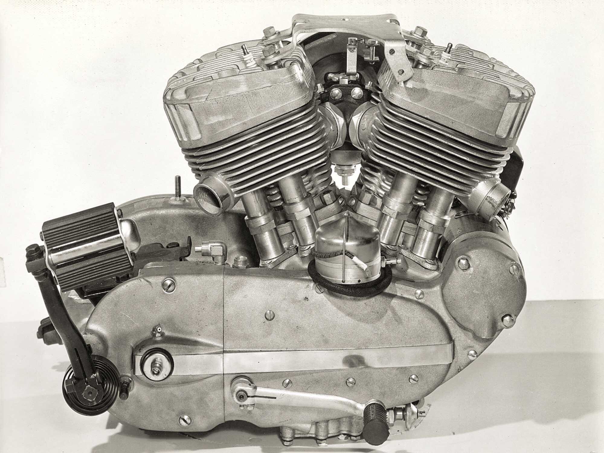 The 10 years after World War II established British twins as strong competition. Harley’s reply was the K-model, introduced in 1952. Although its unit construction was a step forward, having side valves rather than OHV softened its performance. As the racing KR-750, however, it continued to win AMA races until 1969.