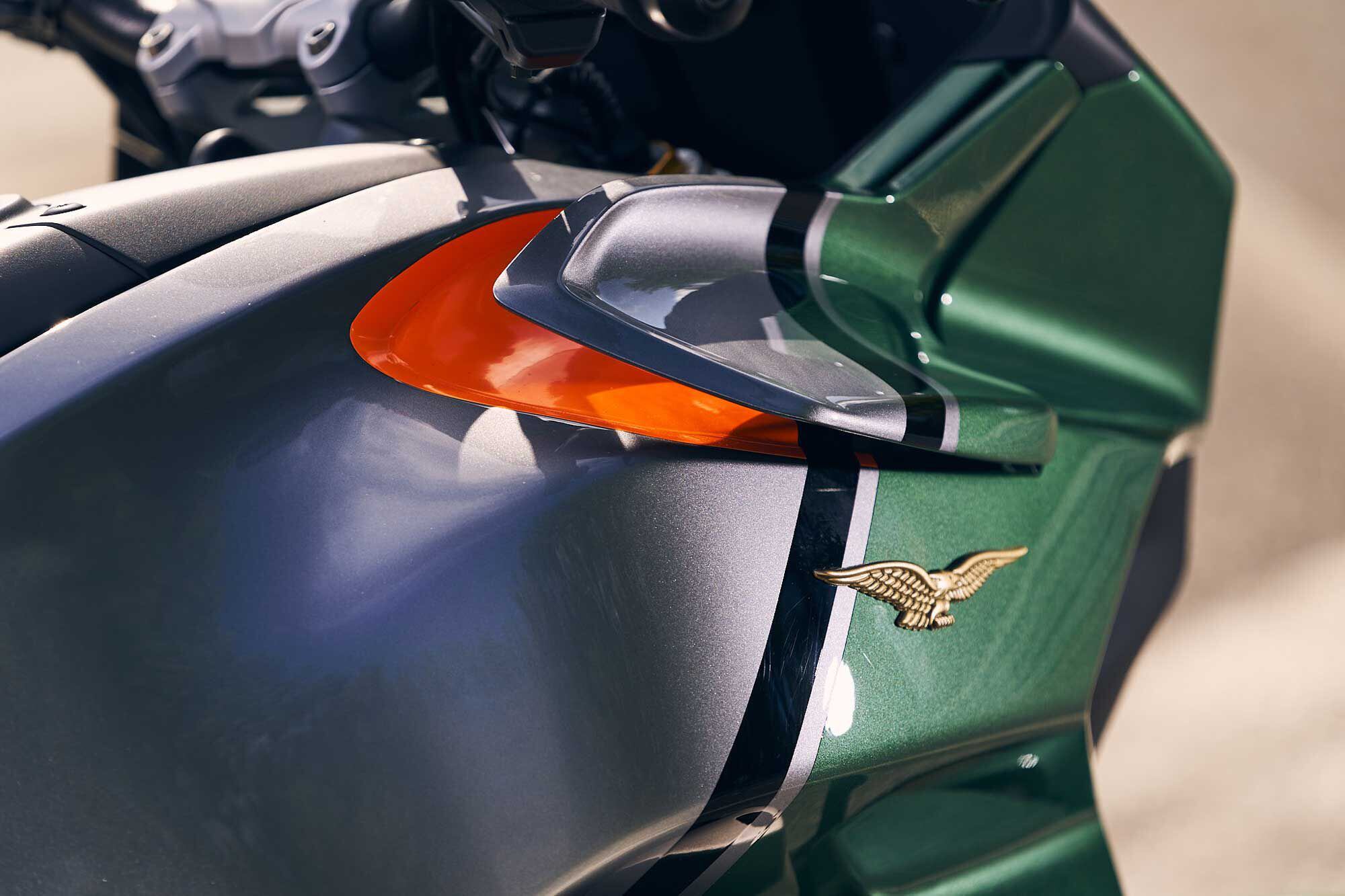 The V100’s blended bodywork dances a delicate line between classic Guzzi and a modern sportbike. Unchanged is the timeless Guzzi logo.