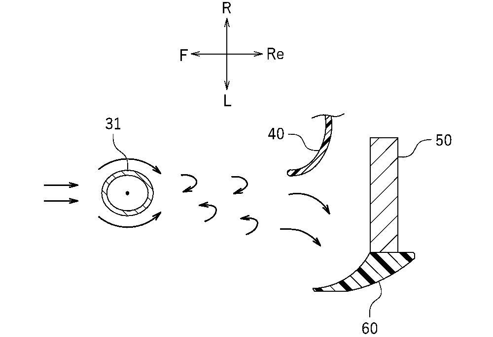 This top view shows how the winglet (70/70c) would redirect air more efficiently into the radiator (50).
