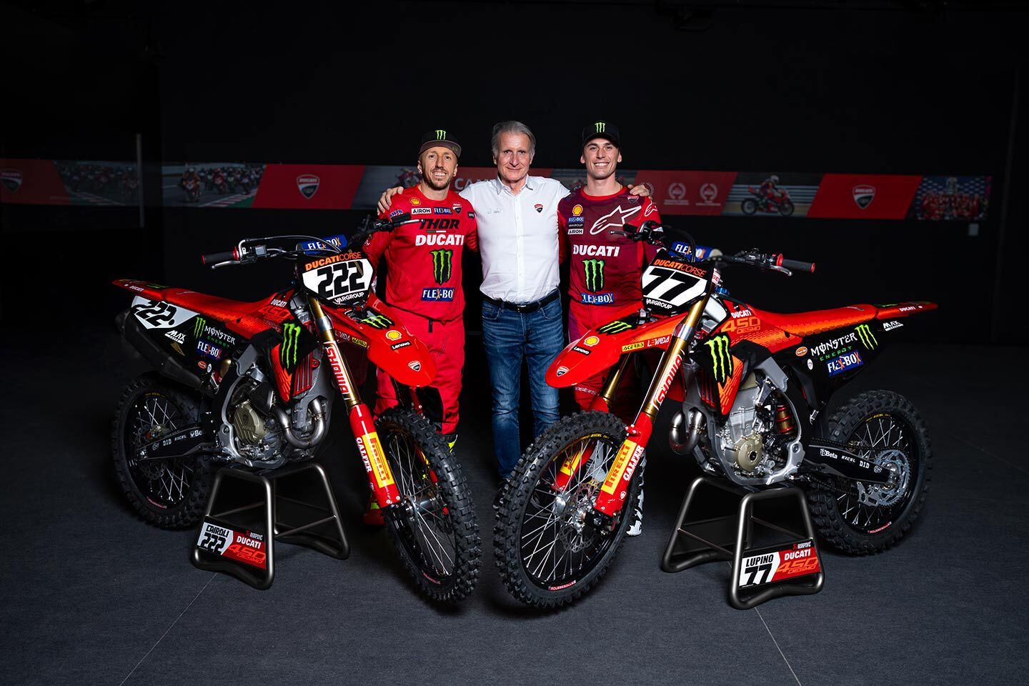 Davide Perni with Antonio Cairoli (left) and Alessandro Lupino (right).