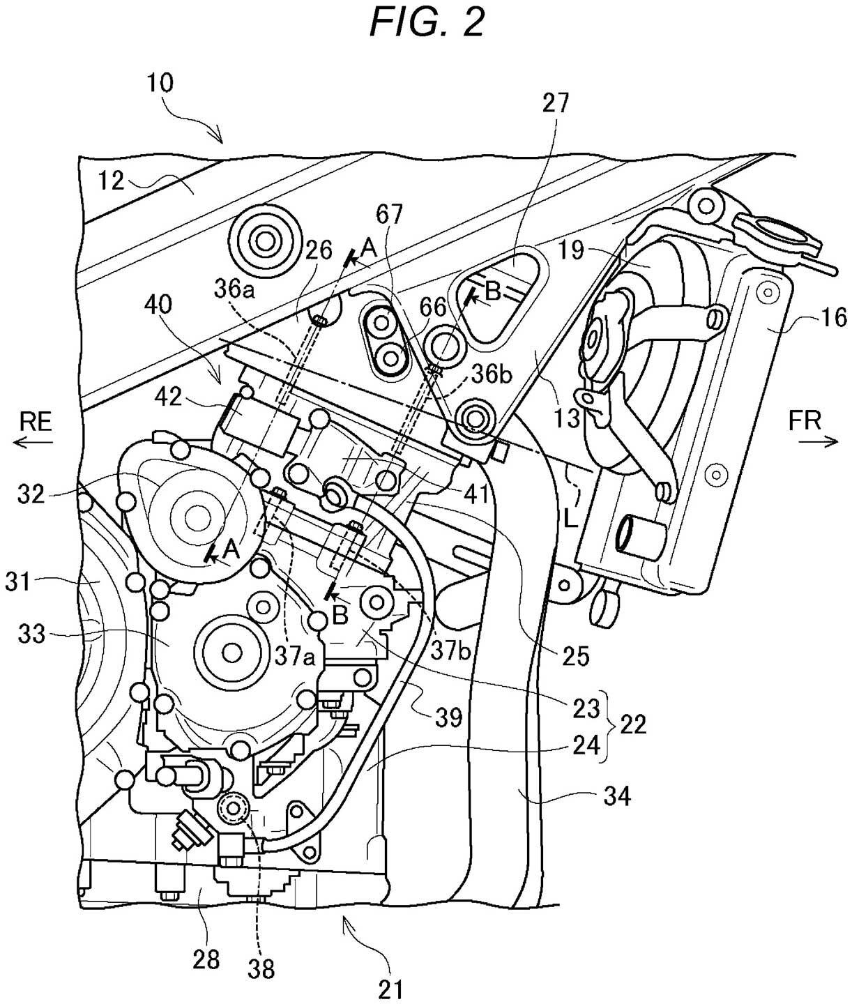 The actuator on the right side of the engine (41-42).