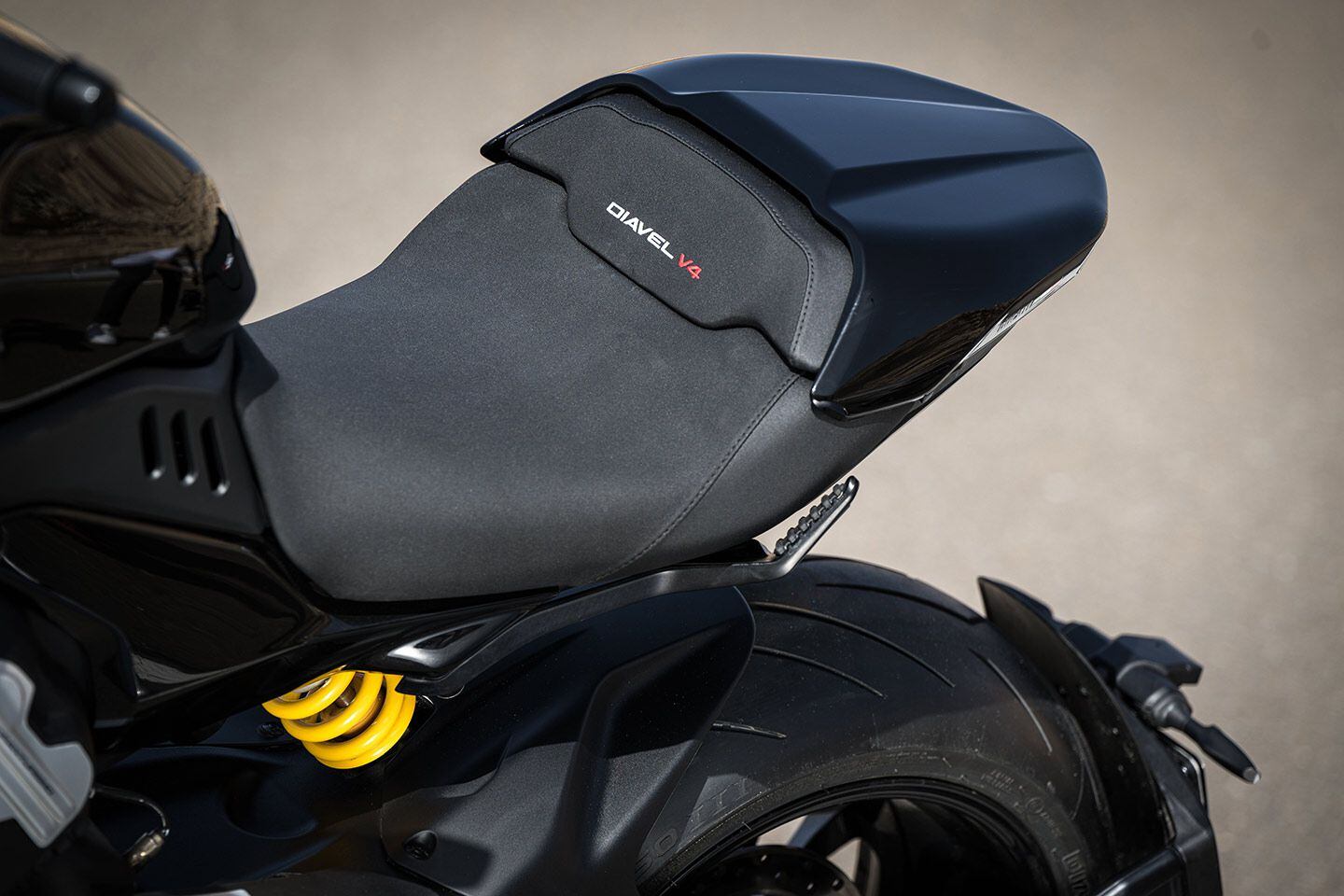 There’s 20mm more space, front to back, on the Diavel V4’s seat.