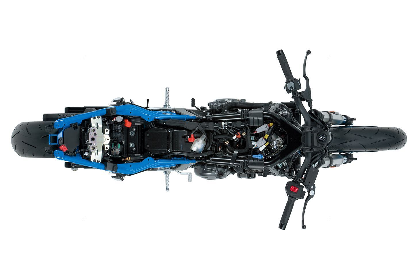A big advantage to a parallel-twin engine is how compact and slim it makes the chassis, especially with the backbone frame.