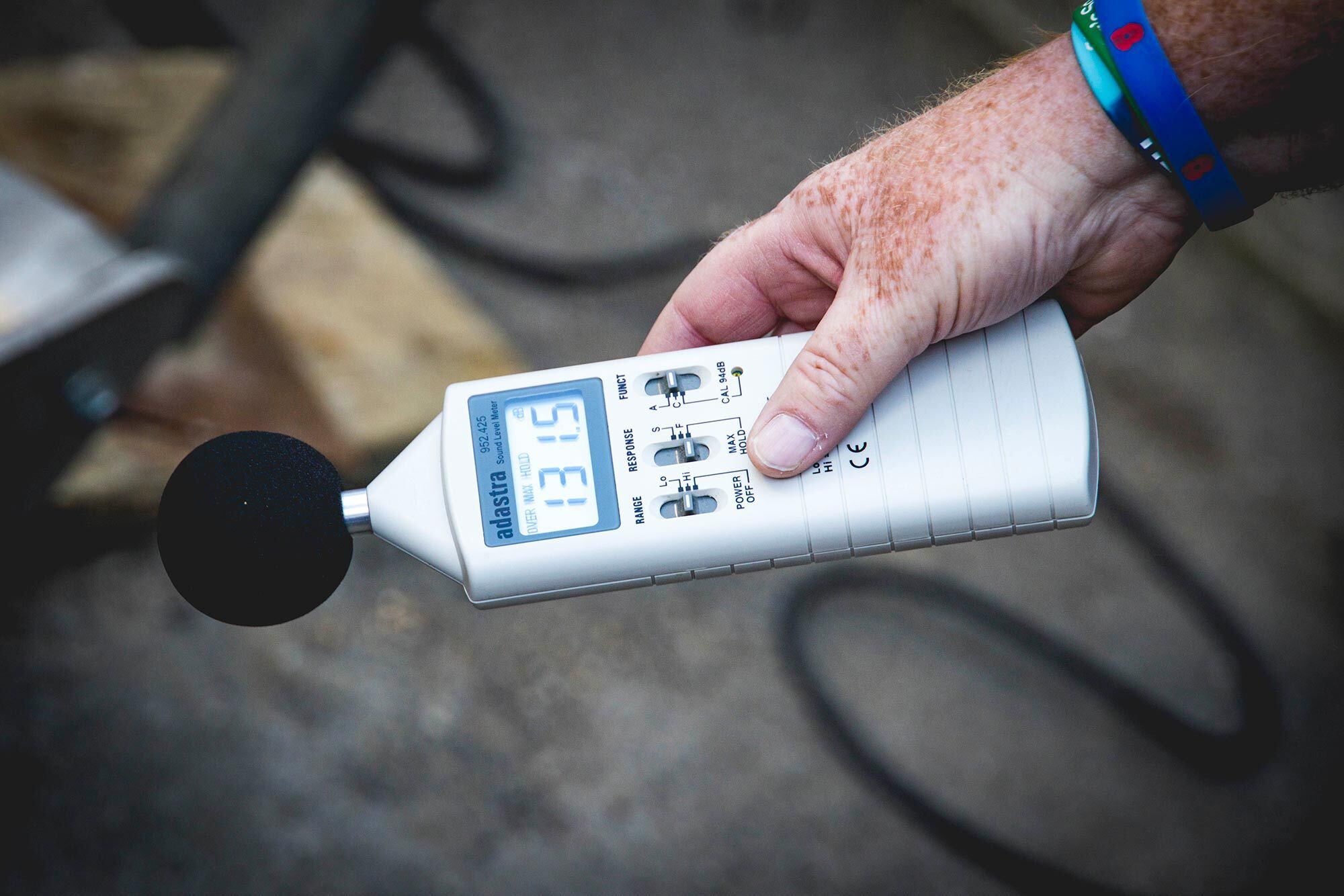 The actual sound meter reading of 131.5 db taken at the tailpipe of the BMW R 57 supercharged racebike. This might get you banned at any other race meeting, but at Goodwood, the race official holding the meter had a huge smile on his face and surely a ringing in his ears.
