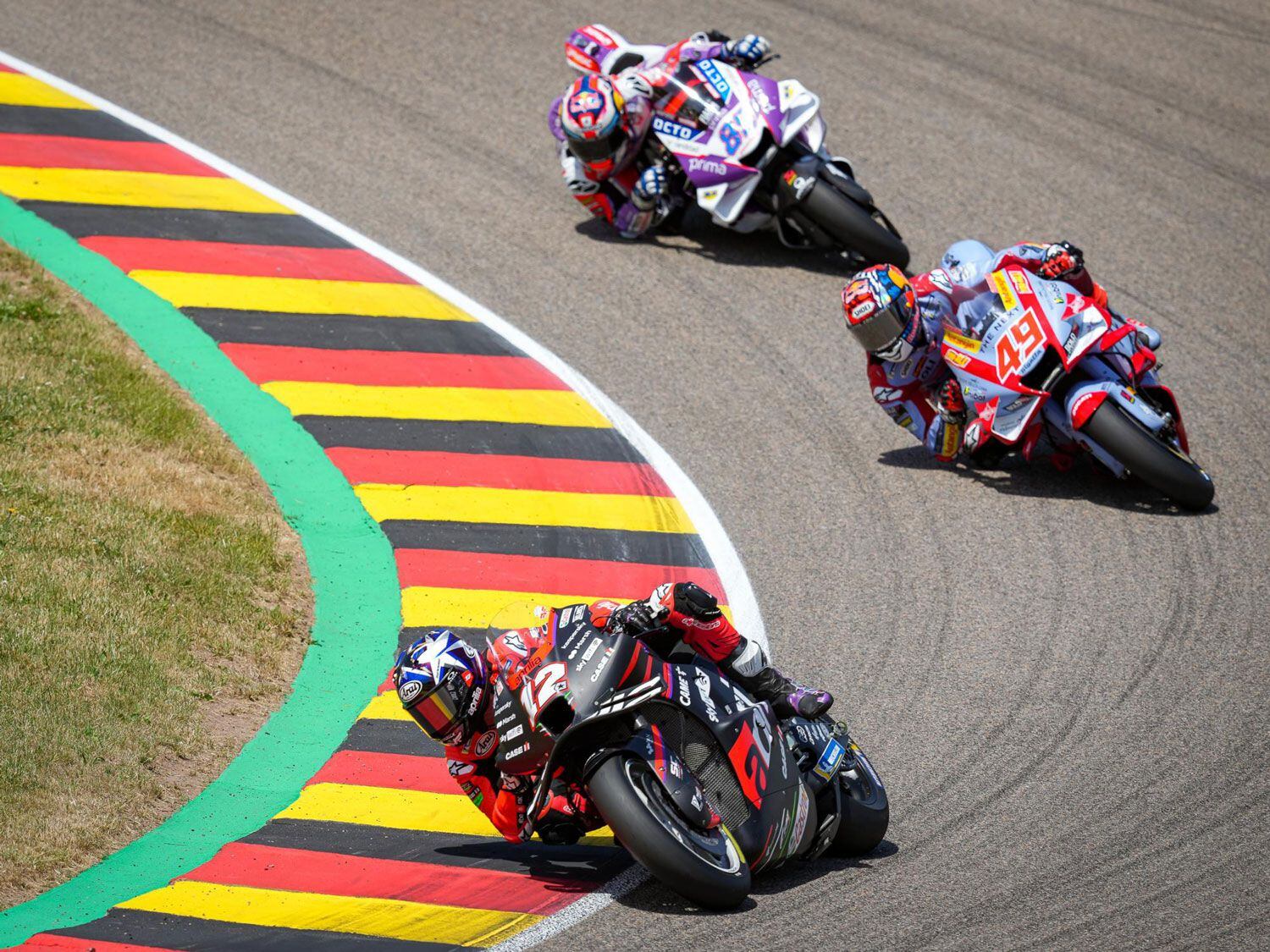 Maverick Viñales was just outside of the top three and looked to be adapting well to the conditions at Sachsenring. Then the automatic ride-height adjustment on this Aprilia failed, taking him out of the race.