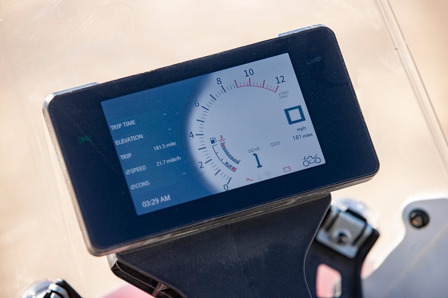 A full-color TFT dash conveys all the info and is used to change ABS modes. Some of the wording needs refinement before production.