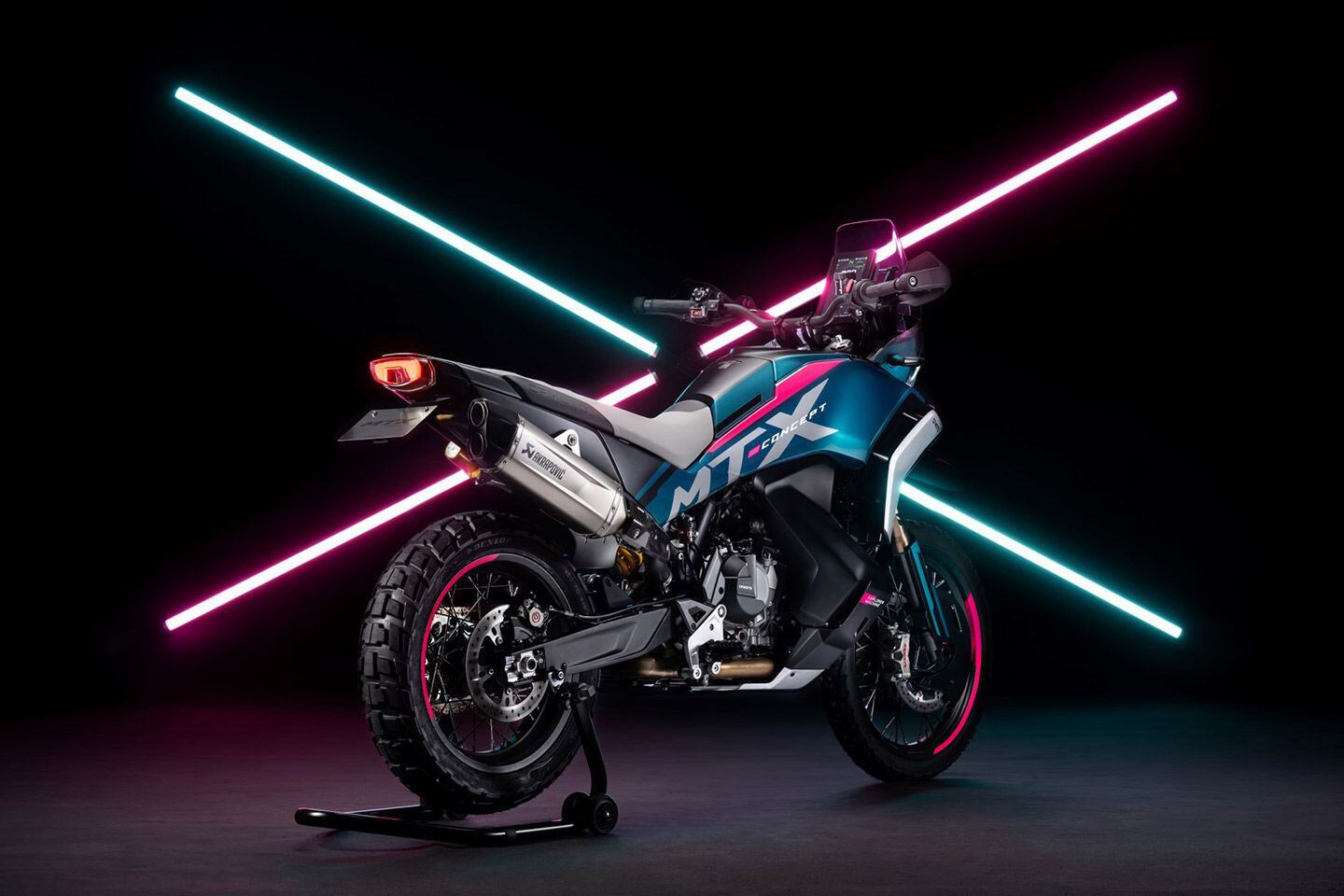 Rear three-quarter view of the CFMoto MT-X concept.