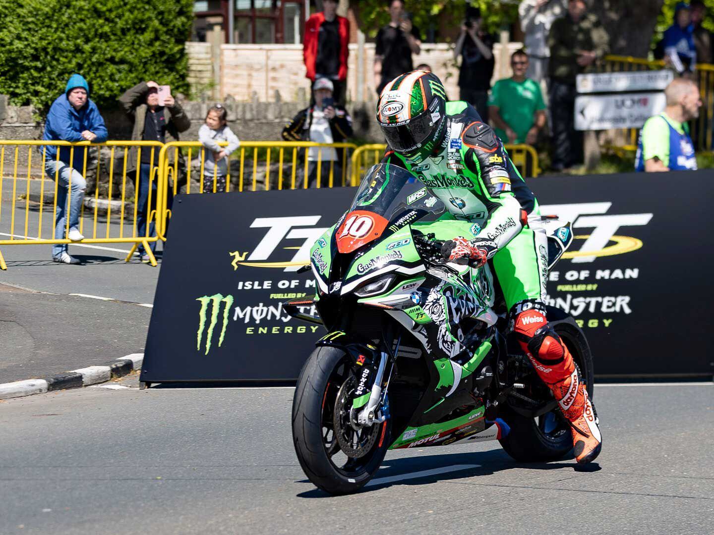 TT lap record holder Peter Hickman out for the first practice lap on his 2022 BMW M 1000 RR FHO Racing sponsored by Gas Monkey Garage.